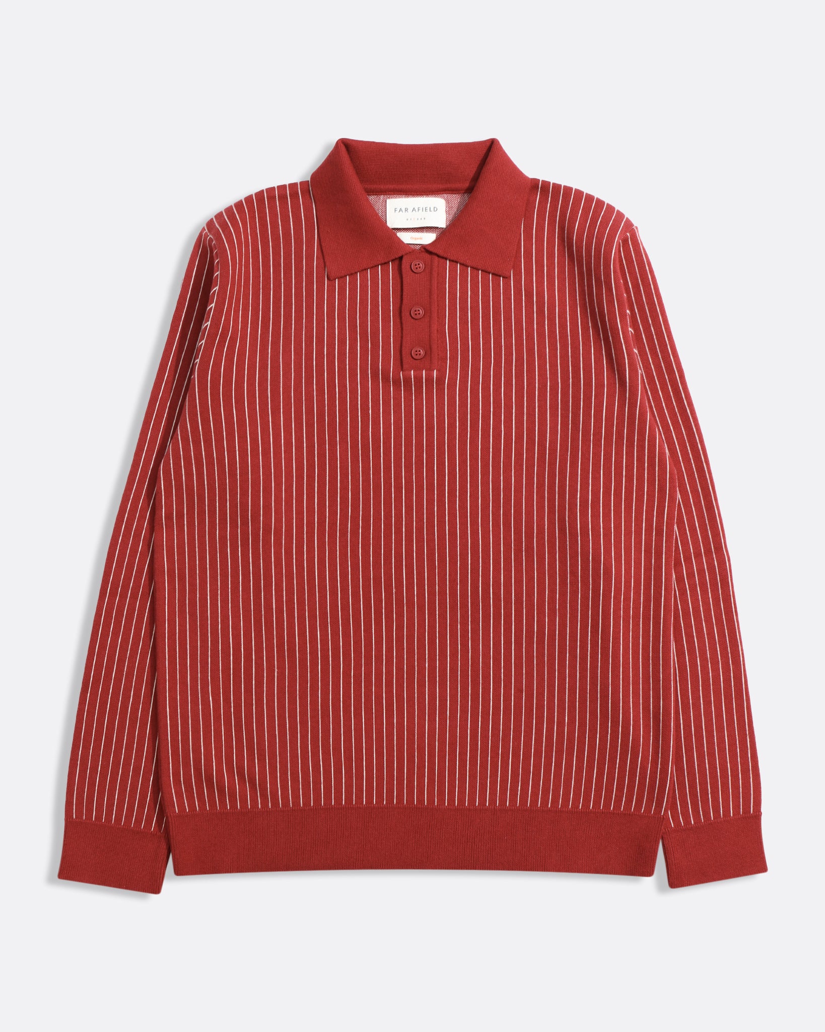 Red/Stone Pinstripe Benny Knitted Polo Mens Far Afield Striped Polo Long Sleeve