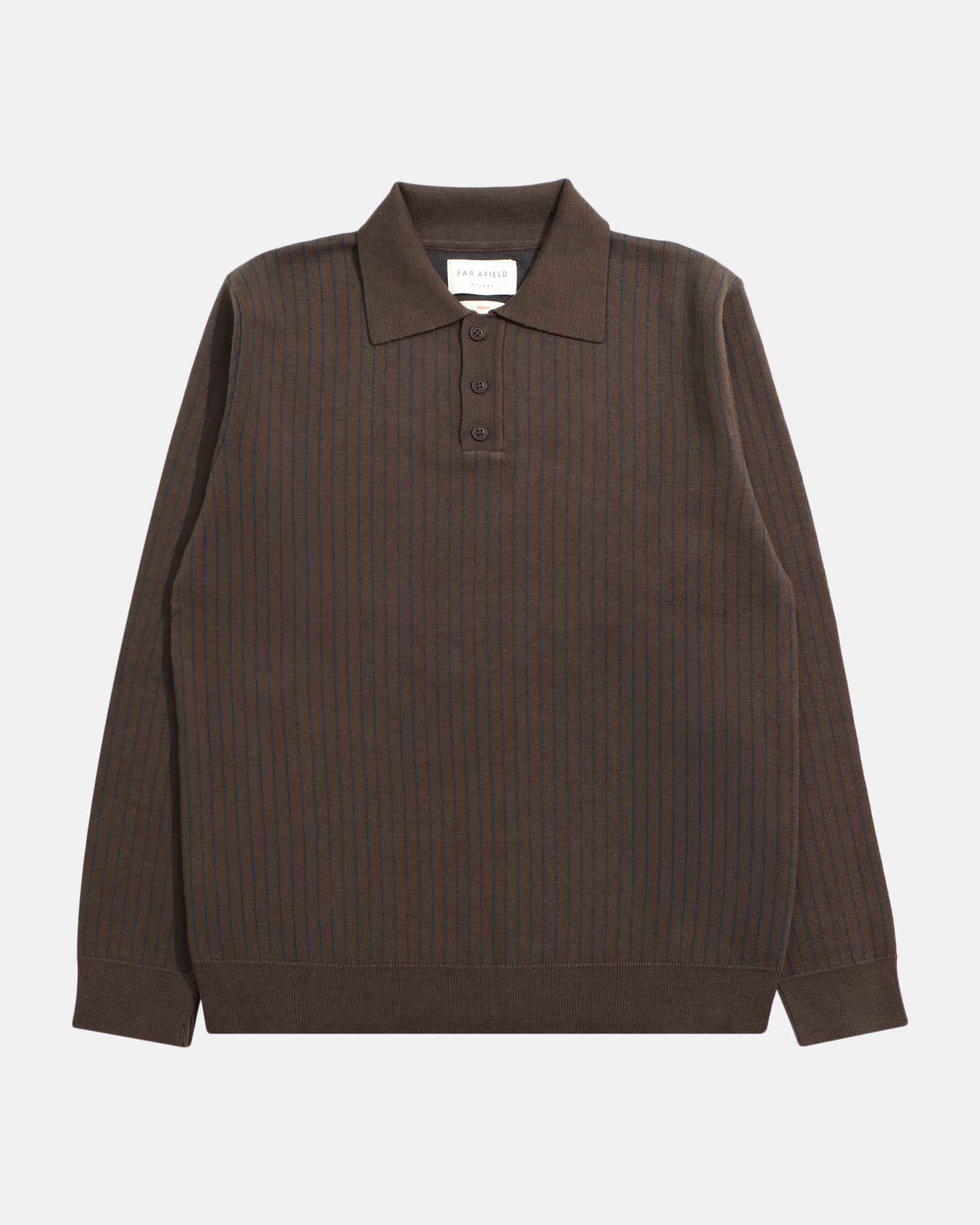 Brown/ Navy Pinstripe Benny Knitted Polo Mens Far Afield Striped Polo Long Sleeve