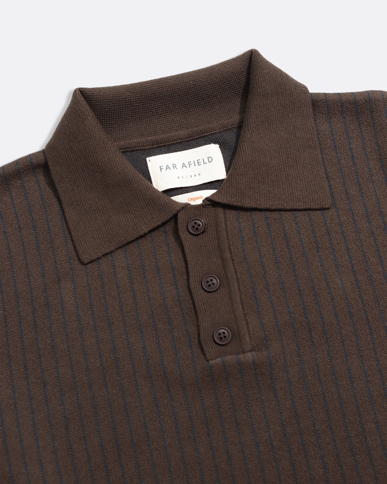 Brown/ Navy Pinstripe Benny Knitted Polo Mens Far Afield Striped Polo Long Sleeve