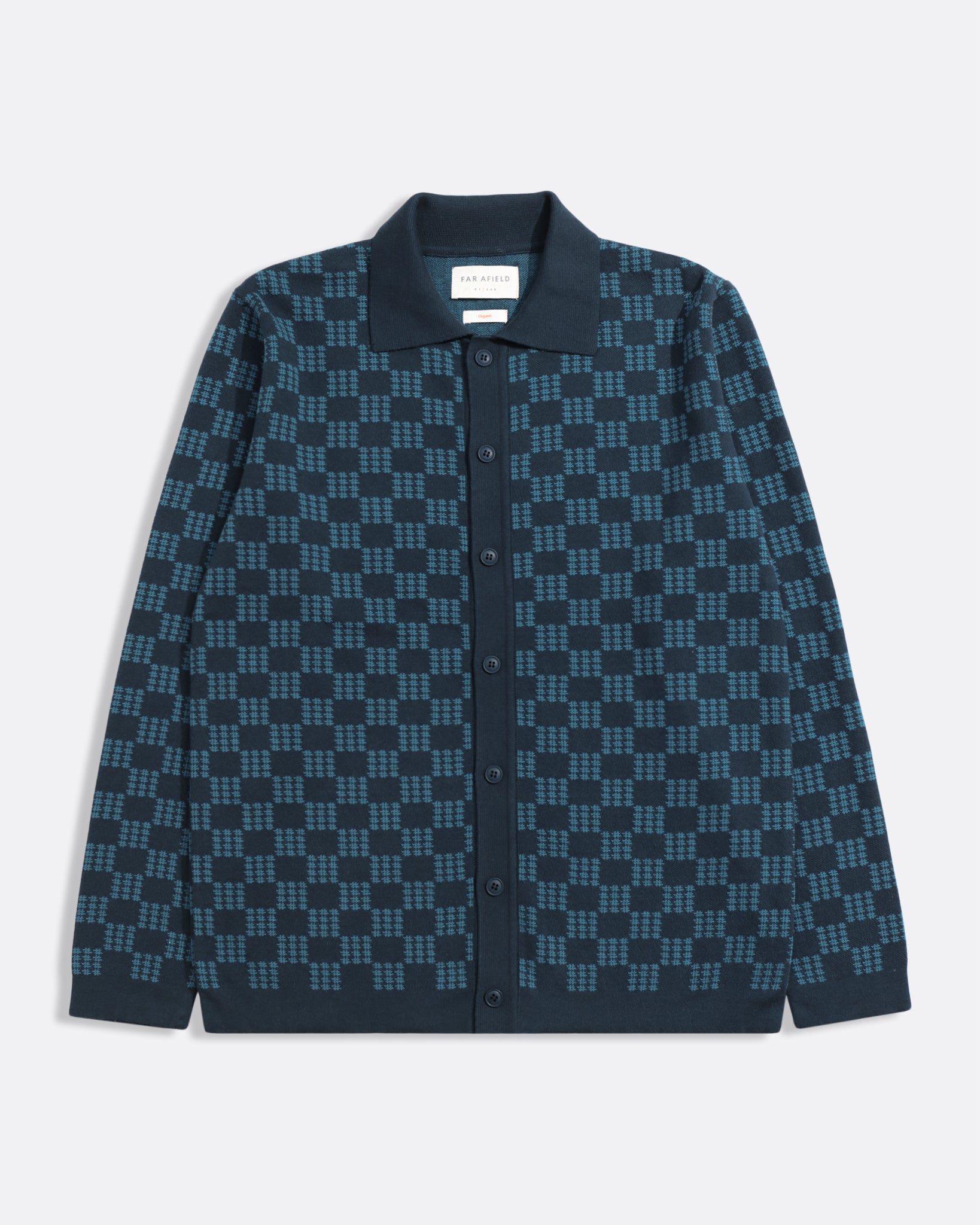 Navy/Blue Zigger Criss Cross Mens Check Pattern Knitted Polo Button Up Shirt Mens Far Afield Shirt 