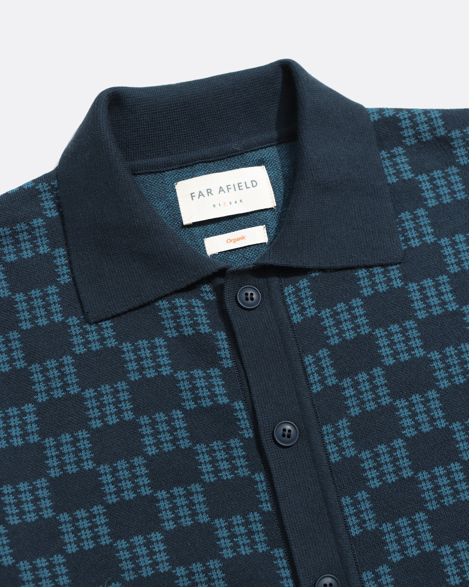 Navy/Blue Zigger Criss Cross Mens Check Pattern Knitted Polo Button Up Shirt Mens Far Afield Shirt 