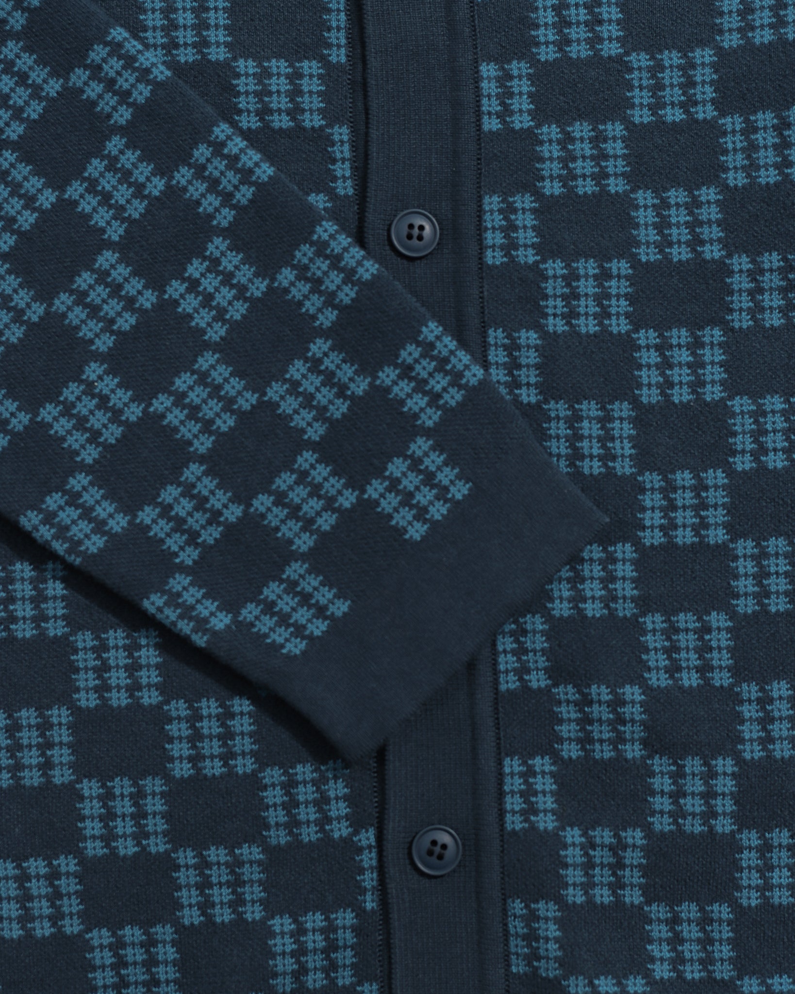 Navy/Blue Zigger Criss Cross Mens Check Pattern Knitted Polo Button Up Shirt Mens Far Afield Shirt 