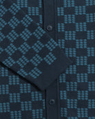 Navy/Blue Zigger Criss Cross Mens Check Pattern Knitted Polo Button Up Shirt Mens Far Afield Shirt 