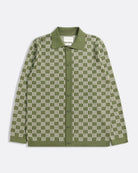 Green/Stone Zigger Criss Cross Mens Check Pattern Knitted Polo Button Up Shirt Mens Far Afield Shirt 