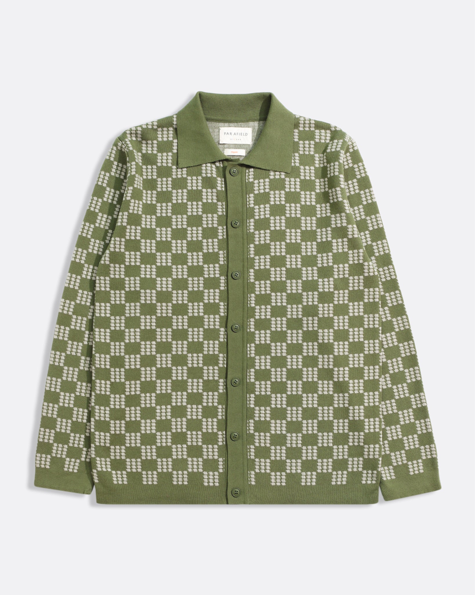 Green/Stone Zigger Criss Cross Mens Check Pattern Knitted Polo Button Up Shirt Mens Far Afield Shirt 