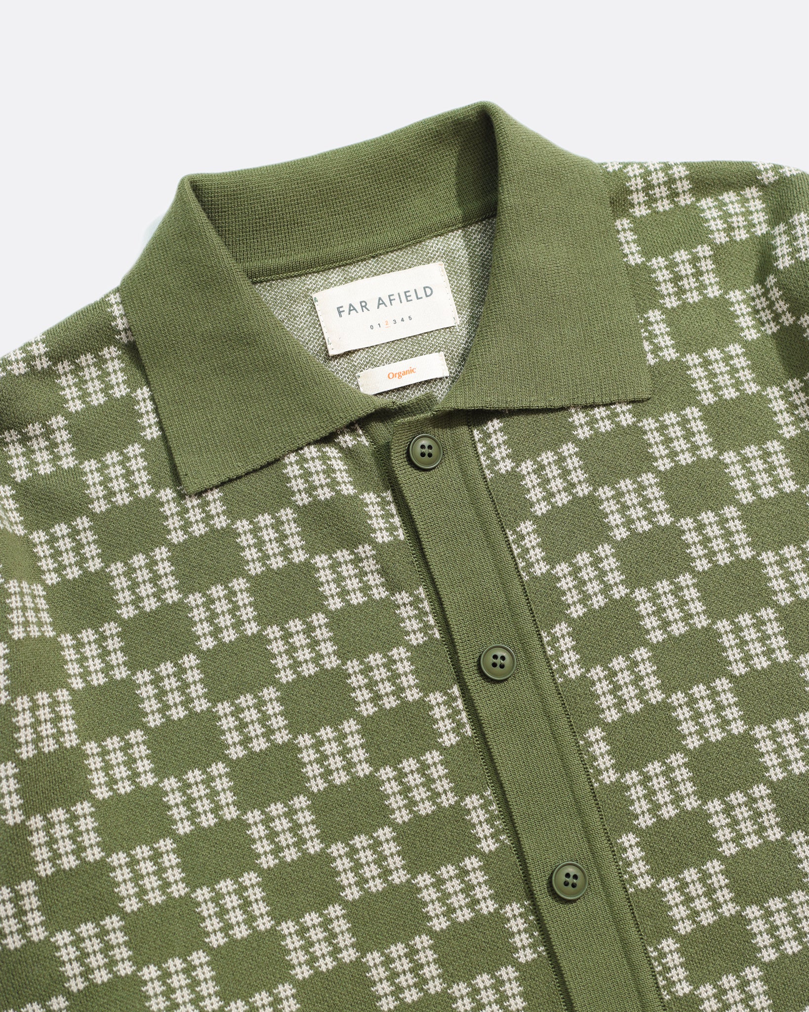 Green/Stone Zigger Criss Cross Mens Check Pattern Knitted Polo Button Up Shirt Mens Far Afield Shirt 