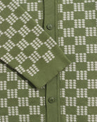 Green/Stone Zigger Criss Cross Mens Check Pattern Knitted Polo Button Up Shirt Mens Far Afield Shirt 