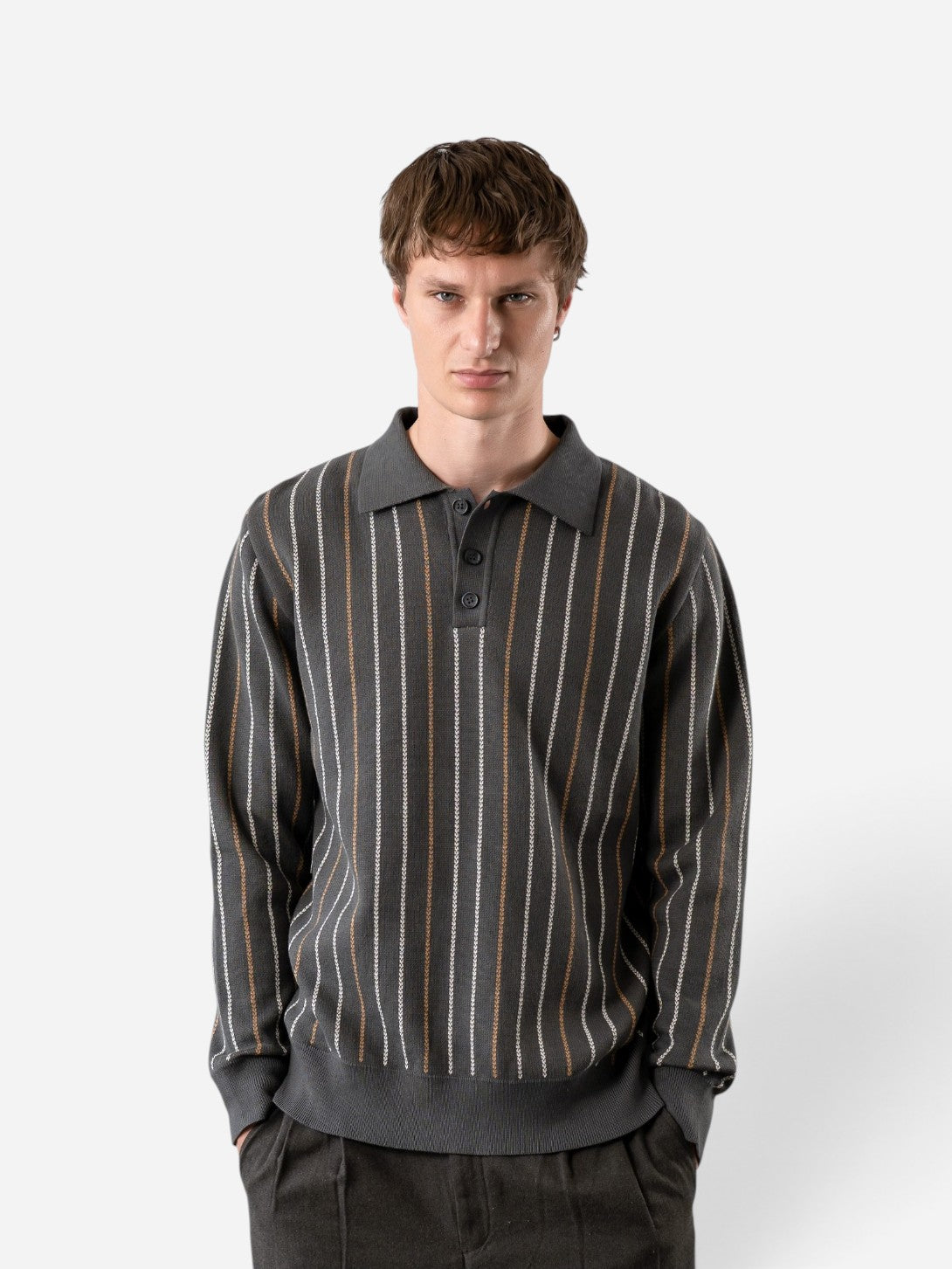 Grey Benny Knitted Polo Mens Long Sleeve Collared Polo Far Afield