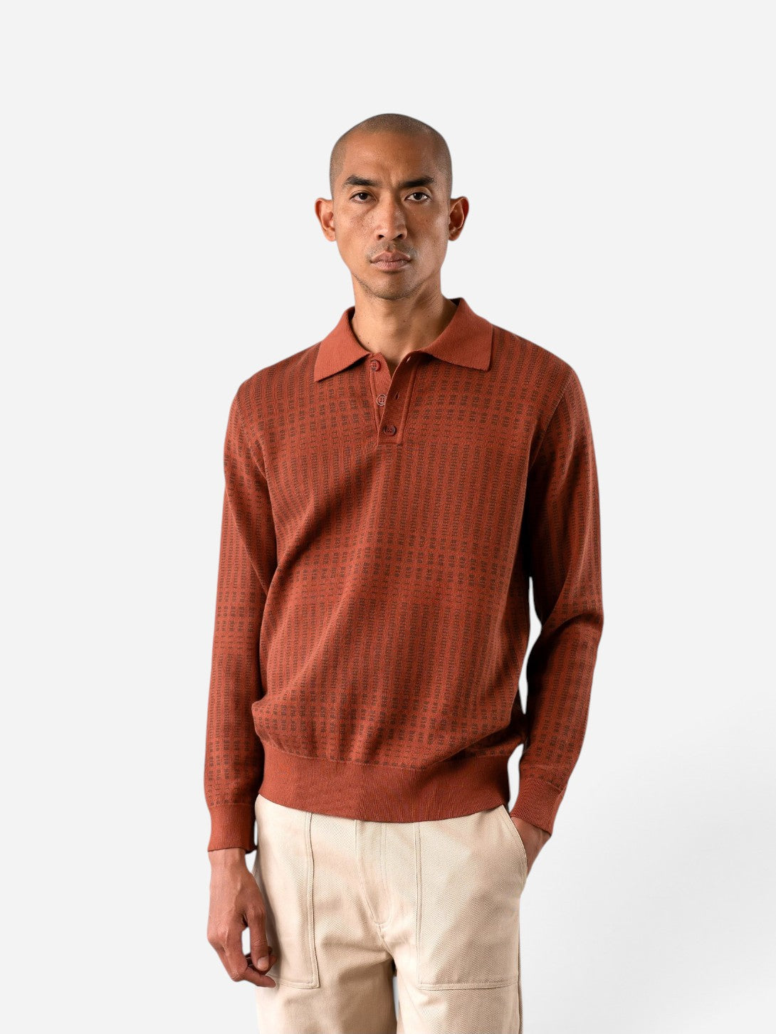 Burnt Orange Benny Knitted Polo Mens Long Sleeve Collared Polo Far Afield