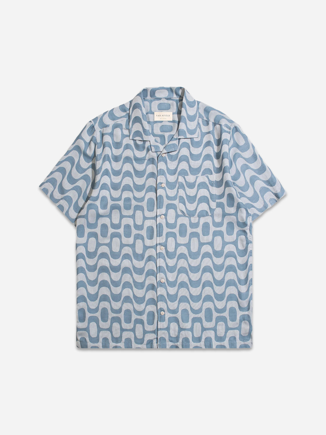 Copa Print - Jacquard Blue Stachio SS Shirt Far Afield Mens Camp Collar Shirt Blue Patterned Short Sleeve 