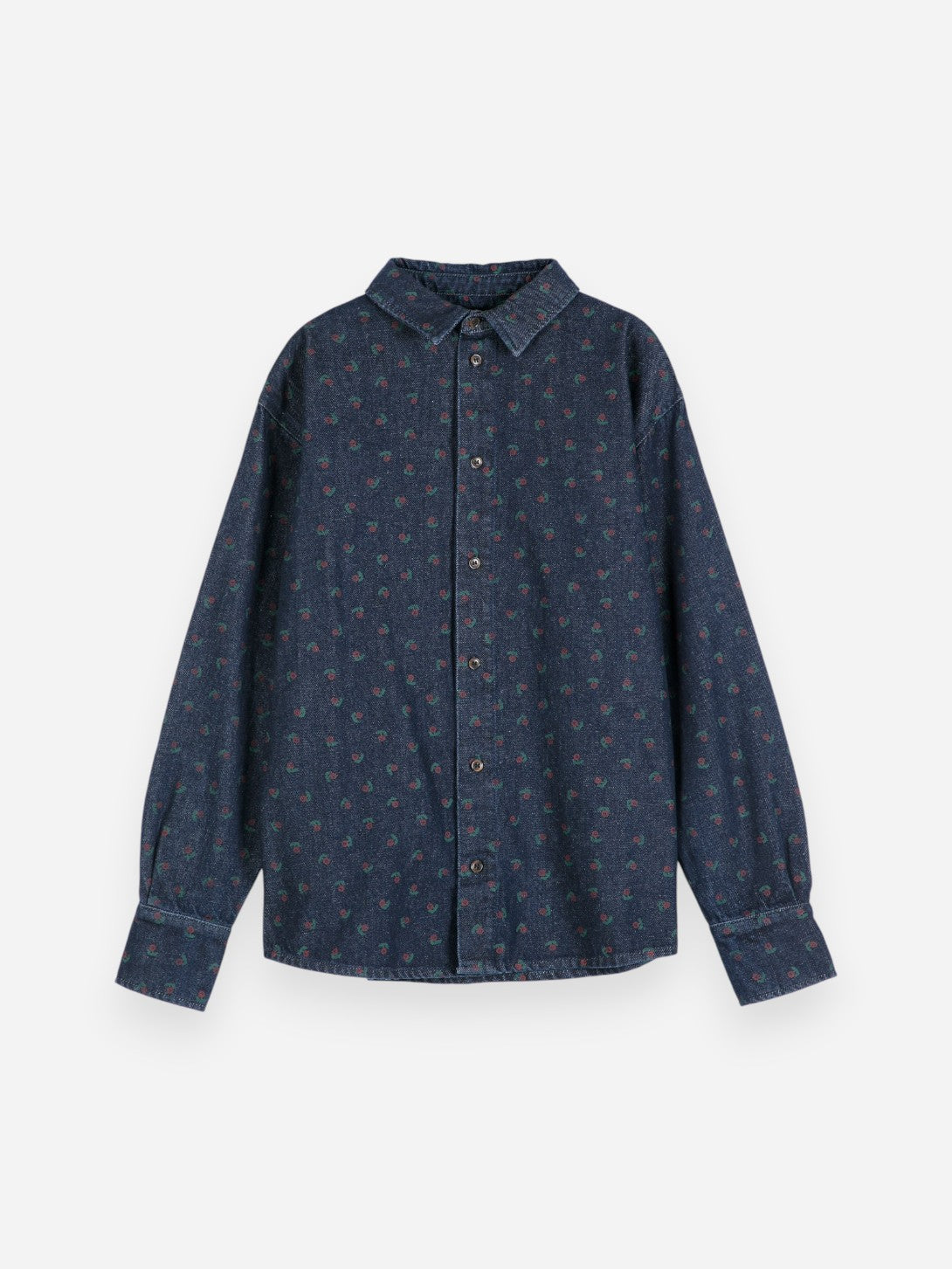 Navy Blue Rose Denim Shirt Womens Woven Button Up Collared Shirt All Over Print Bobo Choses 
