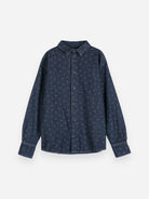 Navy Blue Rose Denim Shirt Womens Woven Button Up Collared Shirt All Over Print Bobo Choses 