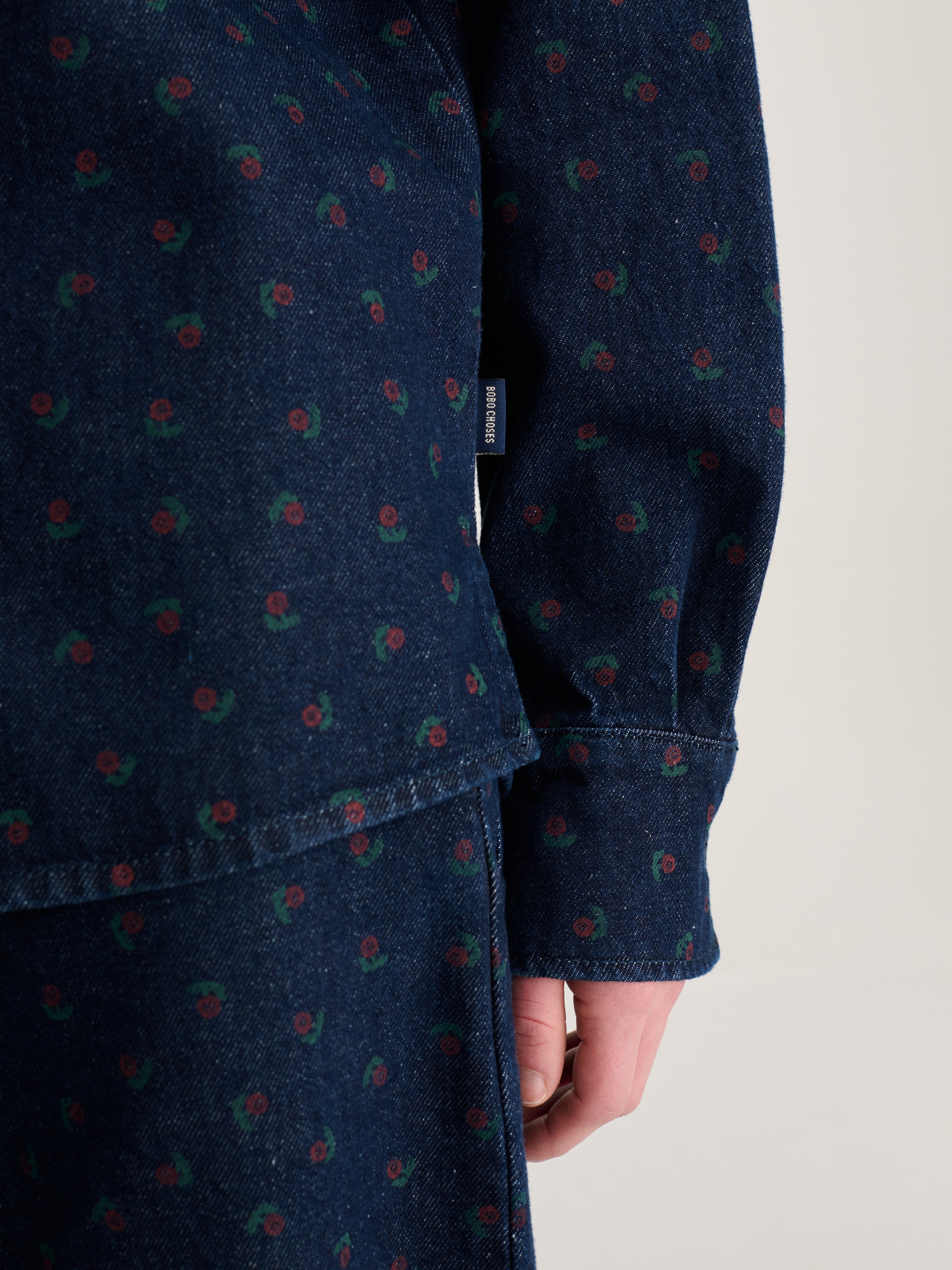 Navy Blue Rose Denim Shirt Womens Woven Button Up Collared Shirt All Over Print Bobo Choses 