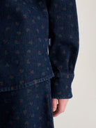 Navy Blue Rose Denim Shirt Womens Woven Button Up Collared Shirt All Over Print Bobo Choses 
