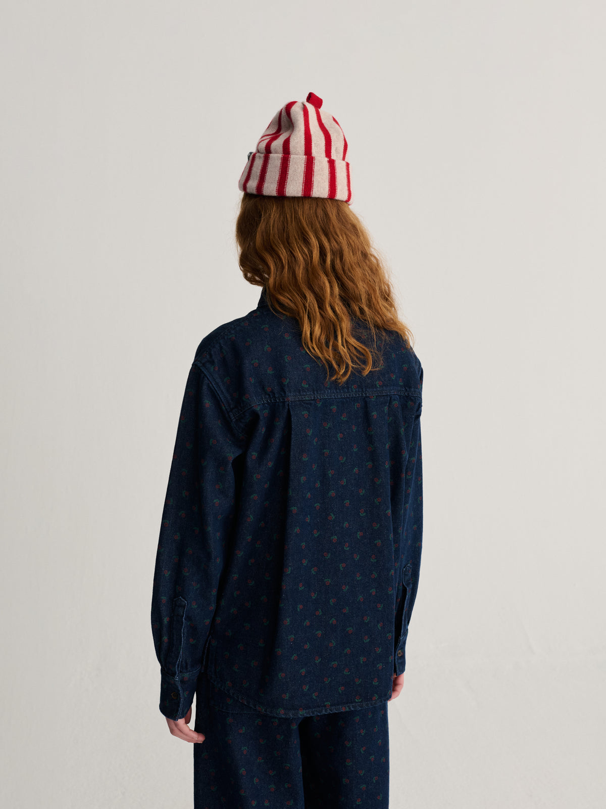 Navy Blue Rose Denim Shirt Womens Woven Button Up Collared Shirt All Over Print Bobo Choses 