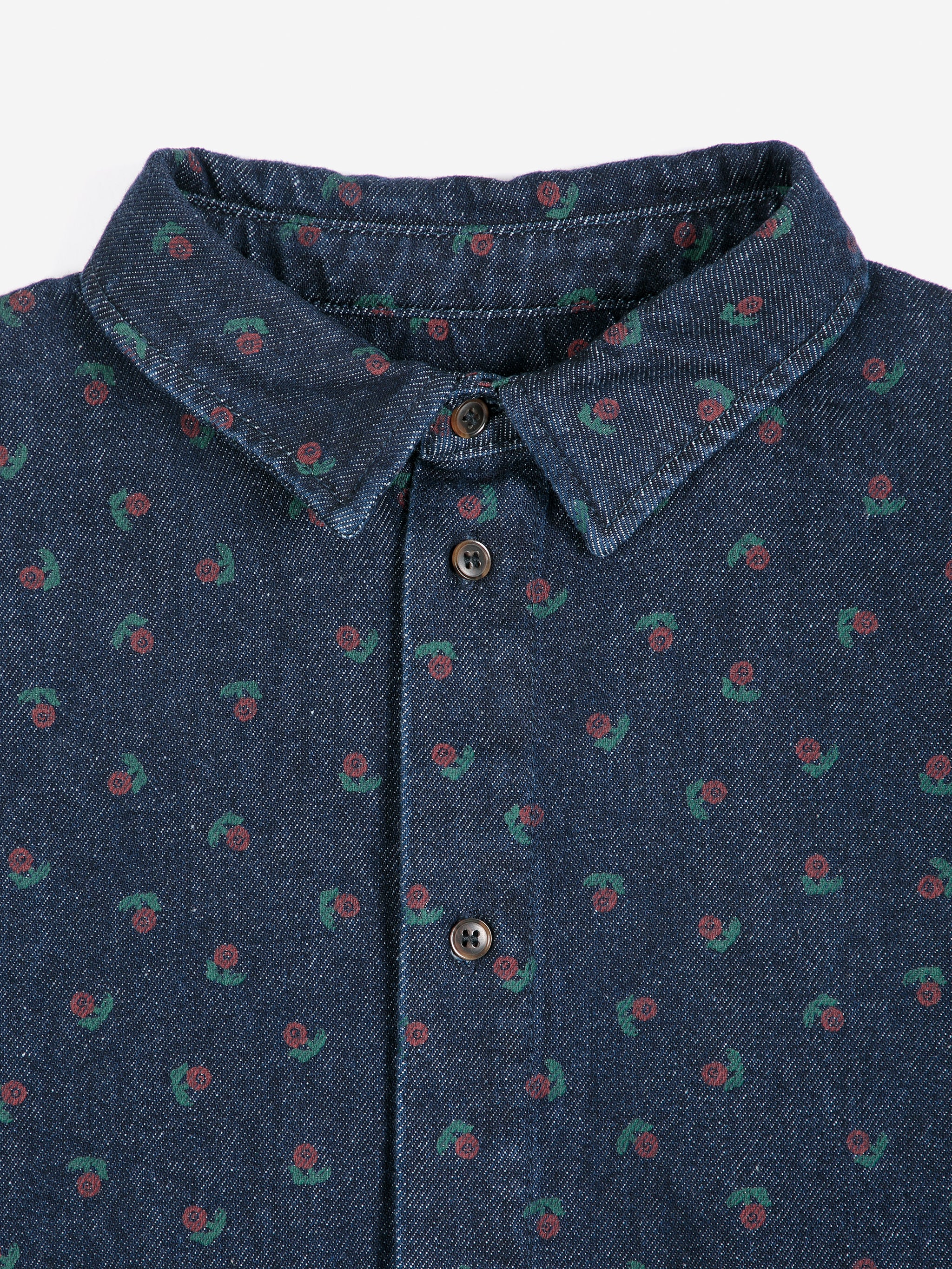 Navy Blue Rose Denim Shirt Womens Woven Button Up Collared Shirt All Over Print Bobo Choses 