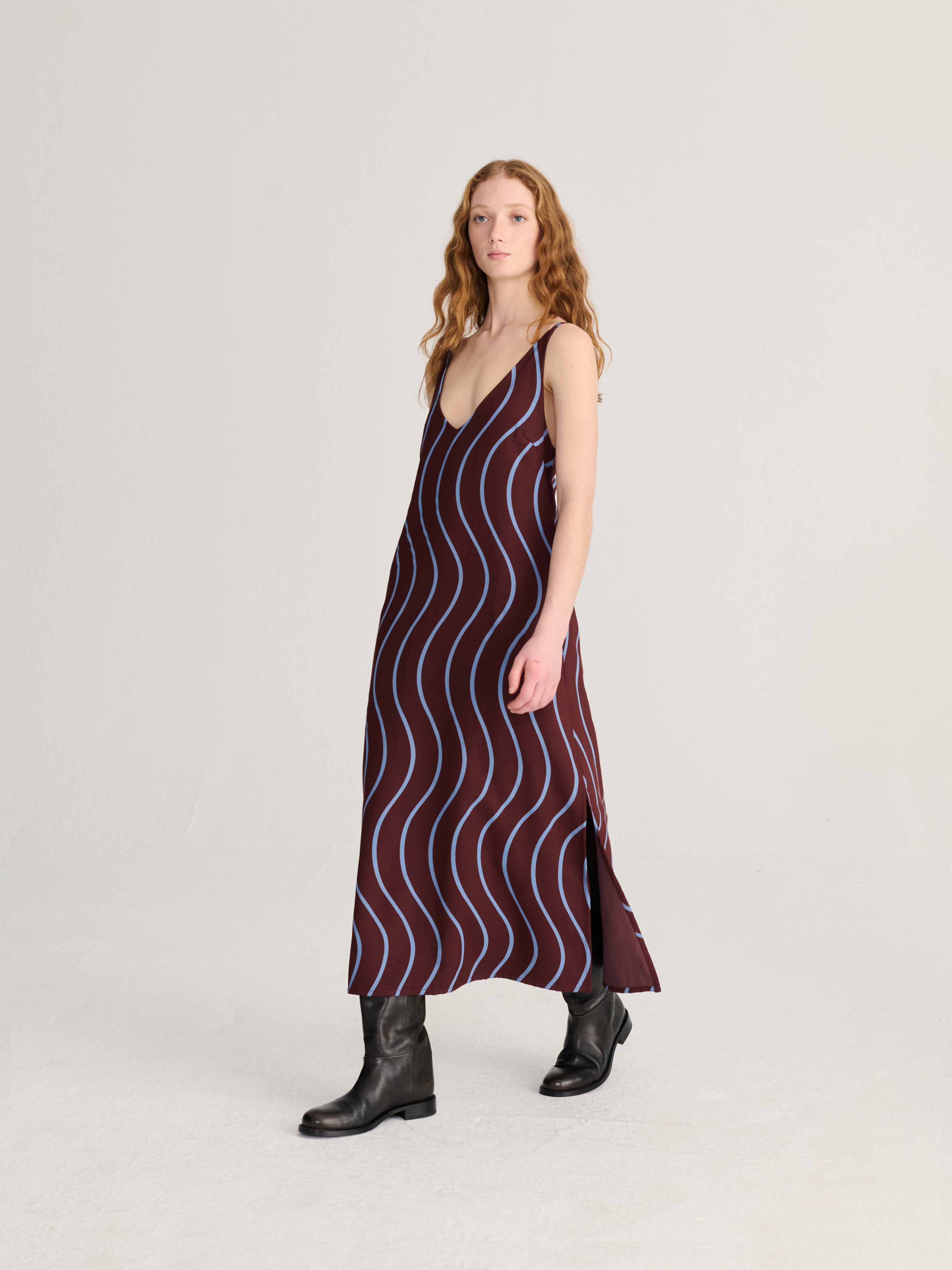 Burgundy Red Wavy Viscose Dress Womens Wavy Shoulder Strap Dress Bobo Choses 