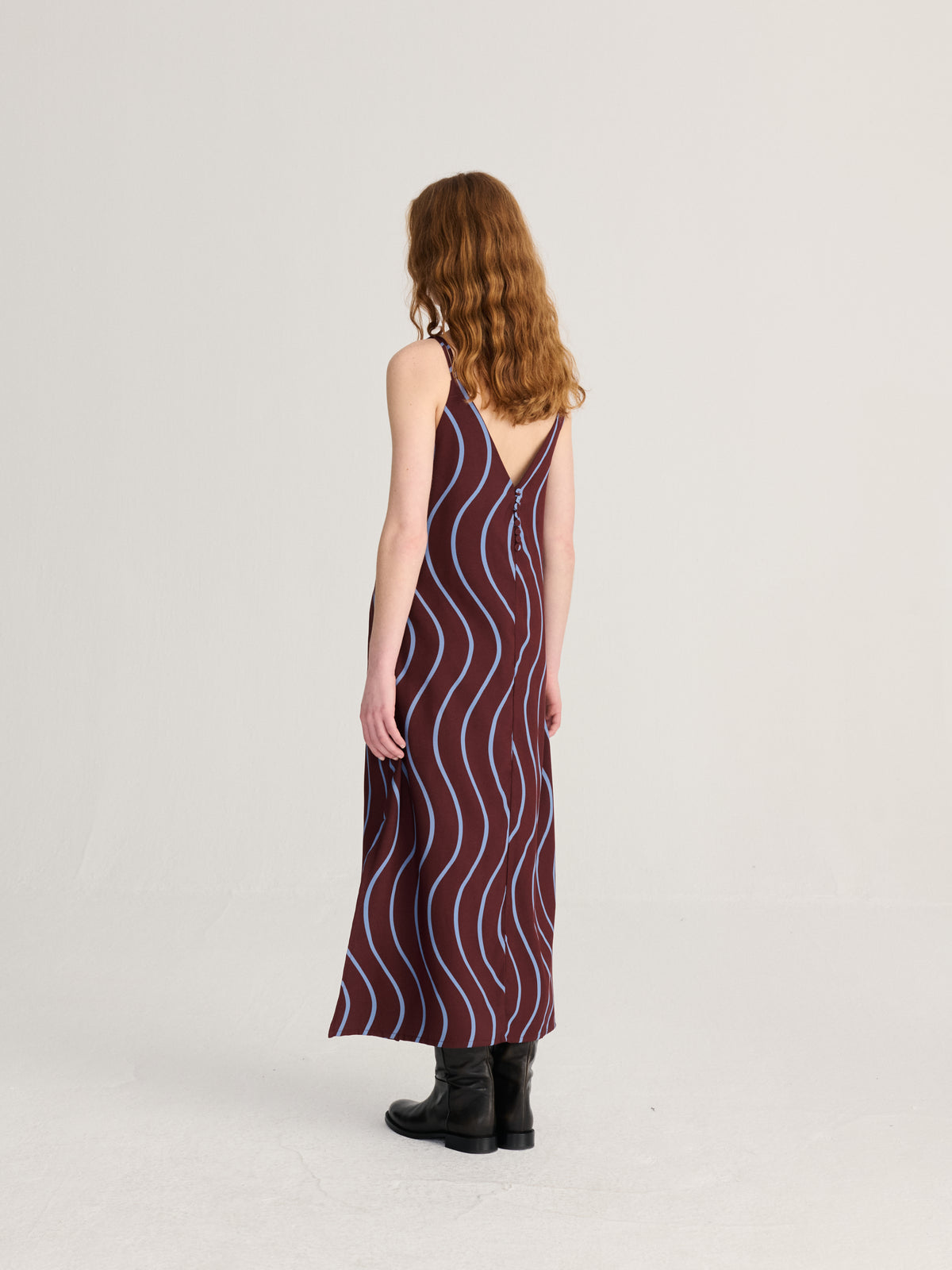 Burgundy Red Wavy Viscose Dress Womens Wavy Shoulder Strap Dress Bobo Choses 