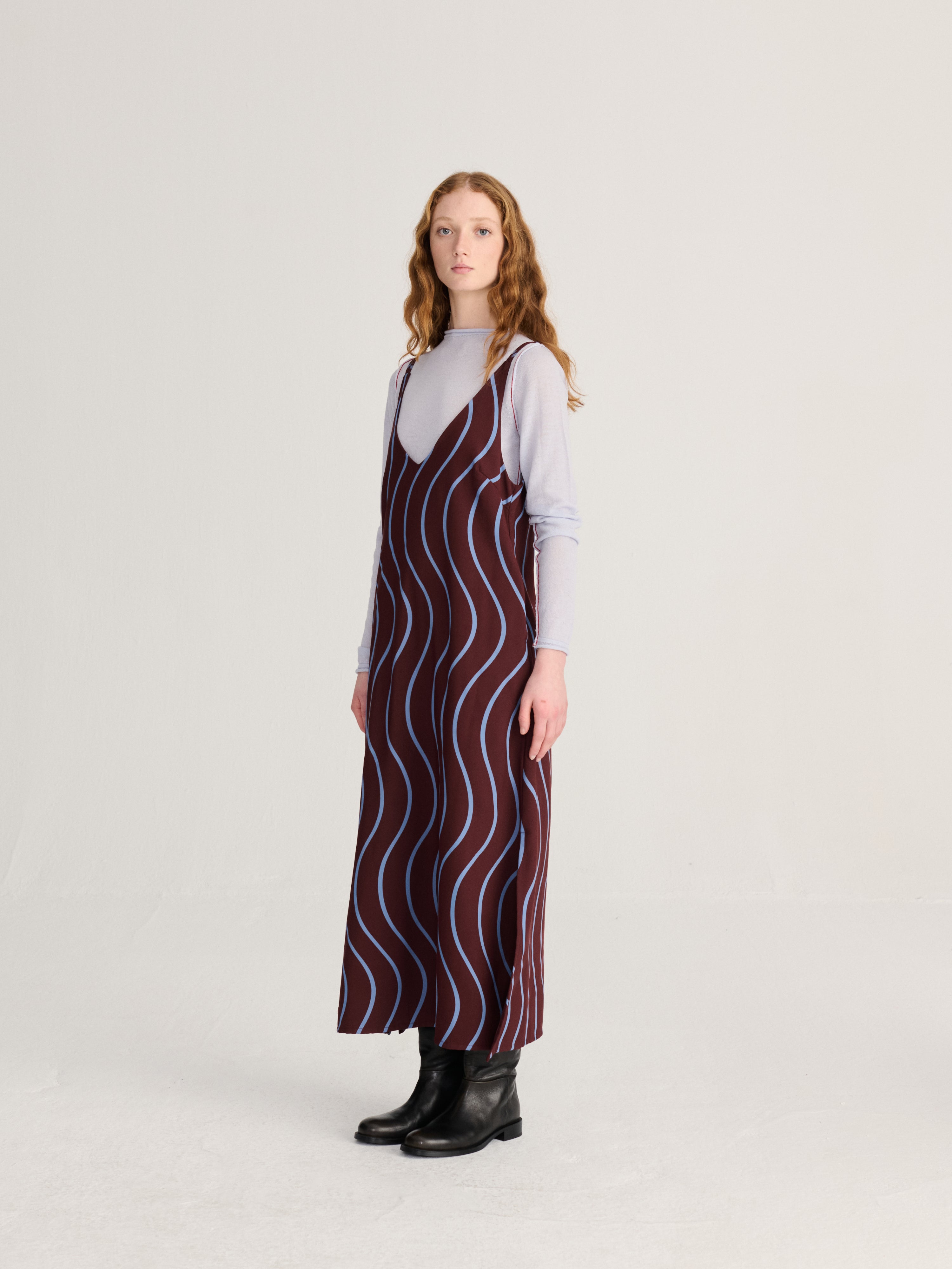 Burgundy Red Wavy Viscose Dress Womens Wavy Shoulder Strap Dress Bobo Choses 