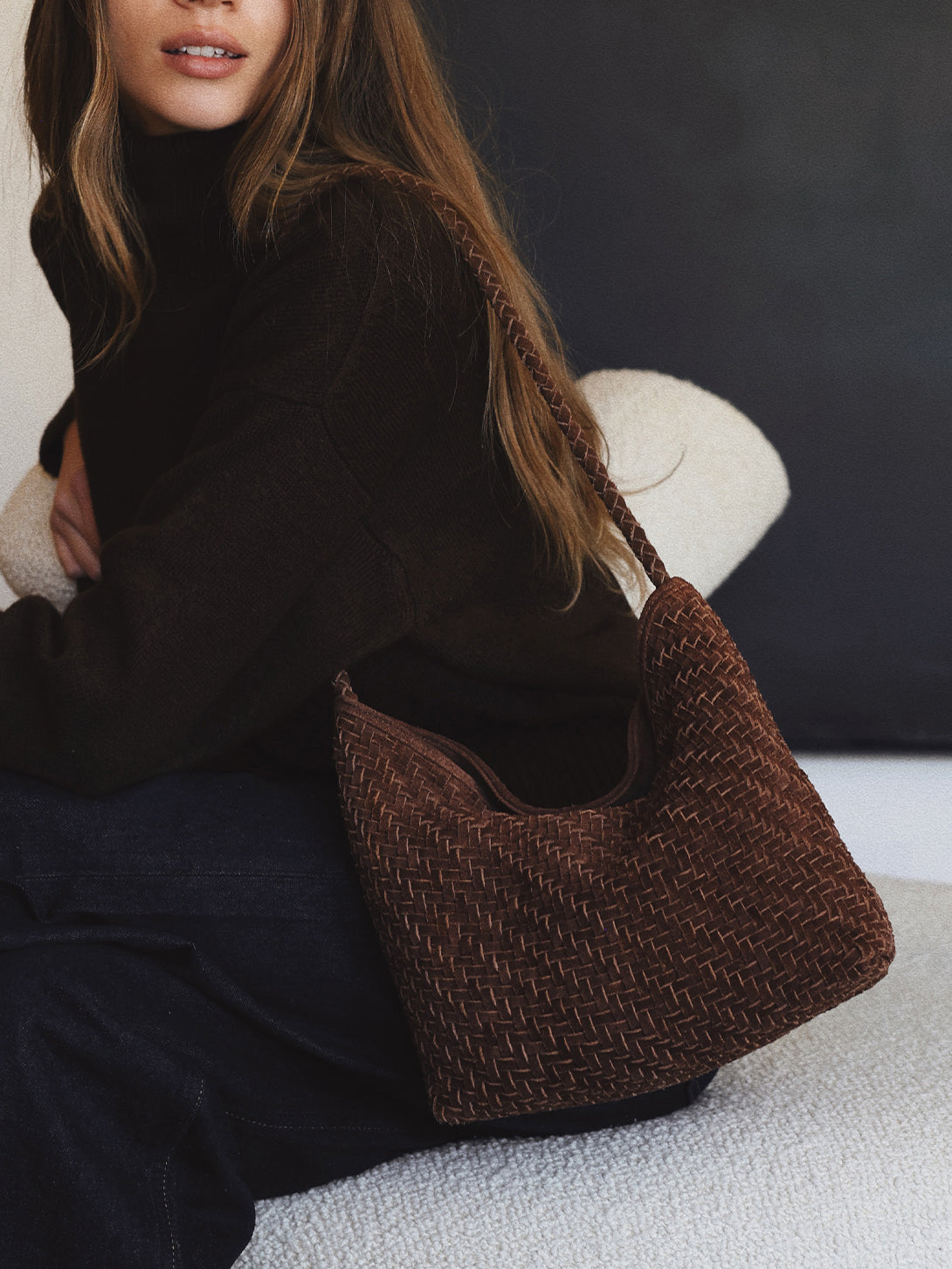 Brown Suede Serena Bag Suede Bembien Small Woven Shoulder tote Bag 