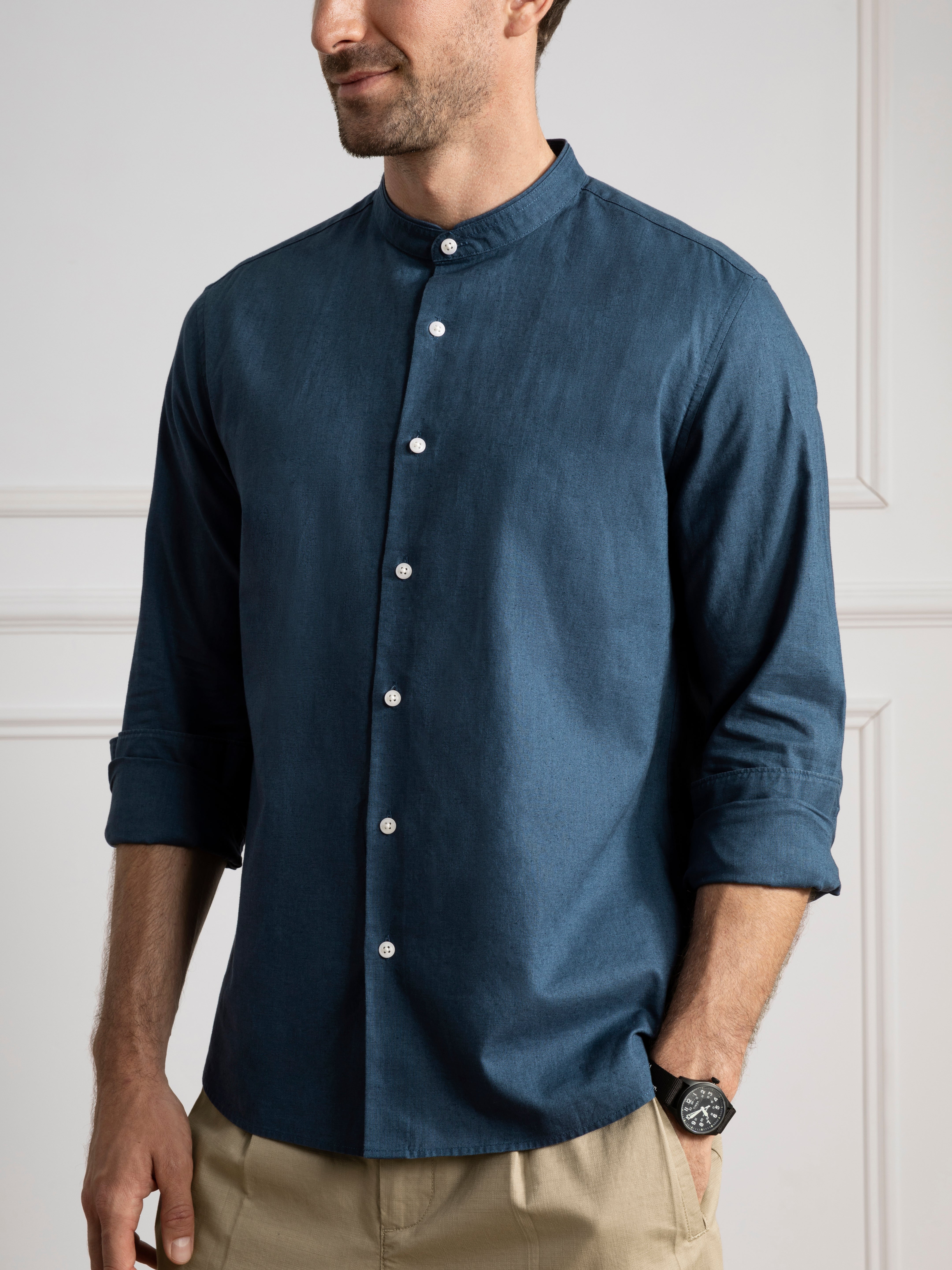 Dk Denim Aleks Linen Cotton Shirt Band Collar Linen Dress Shirt 