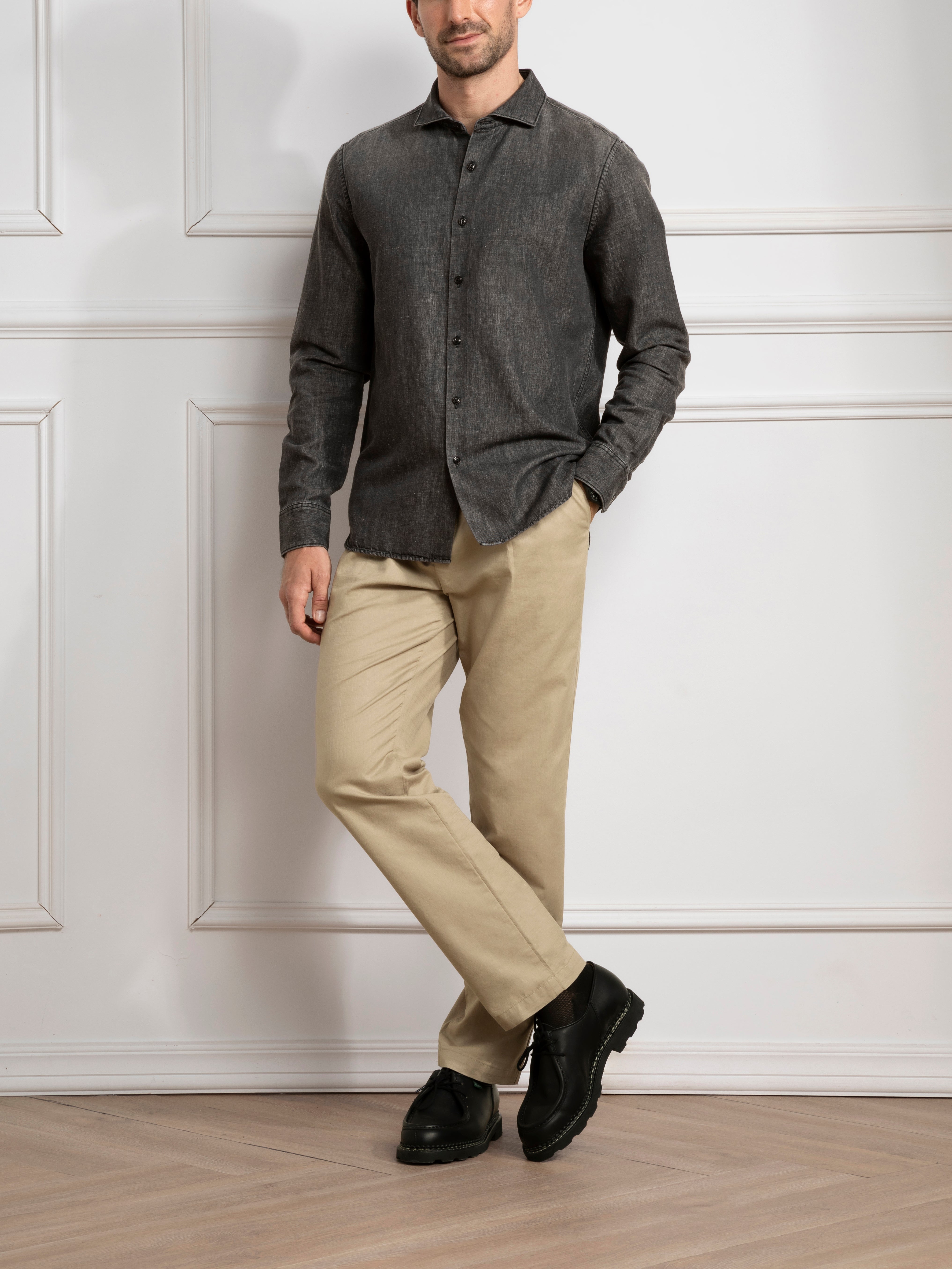 Mid Black Arthur Denim Shirt Mens Cutaway Collar Shirt Mens Button Up Mens Black Shirt 