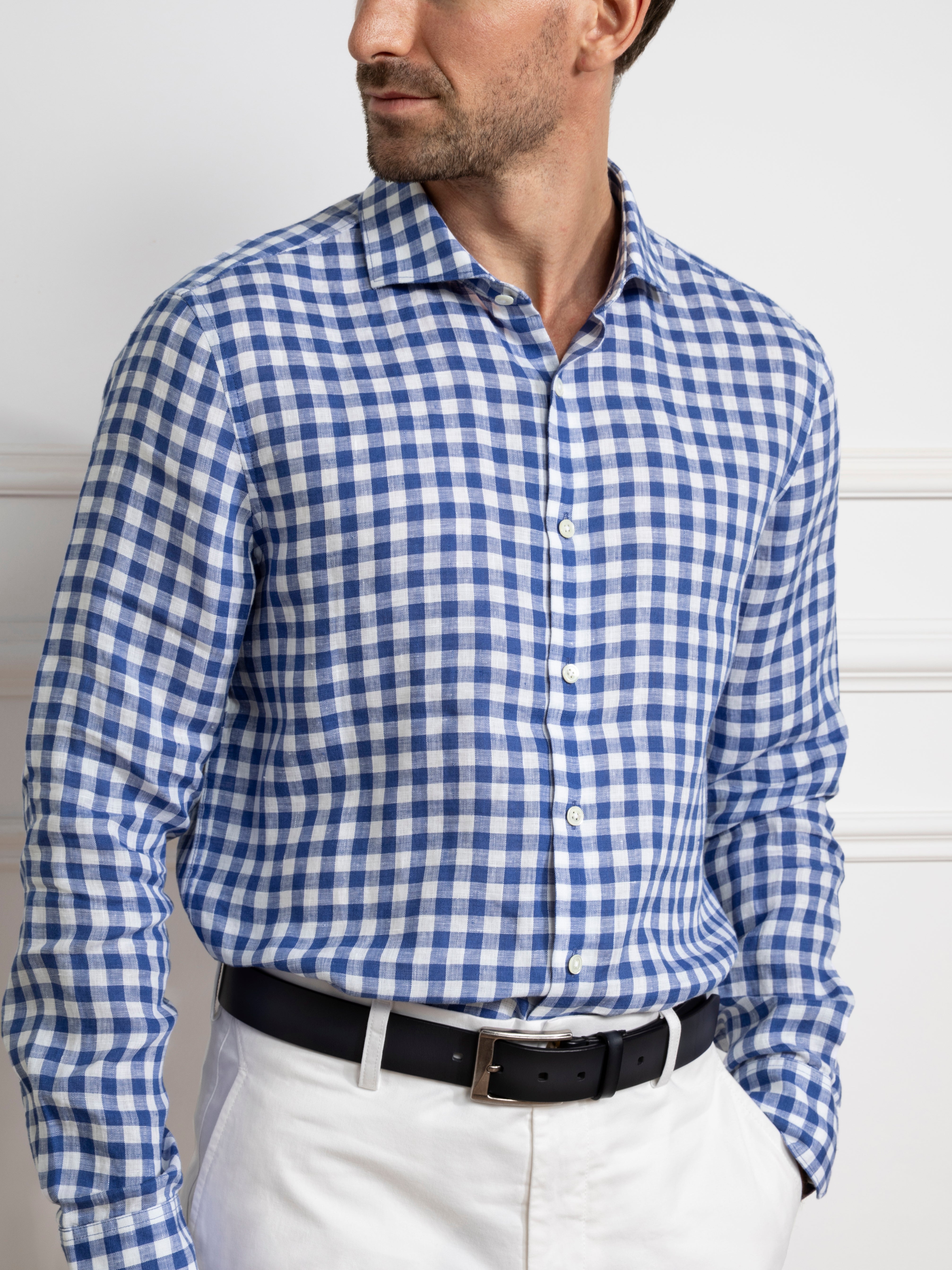 Mid Blue Check Arthur Gingham Shirt Mens Spread Collar Check Dress Shirt Mens Button Up Shirt 