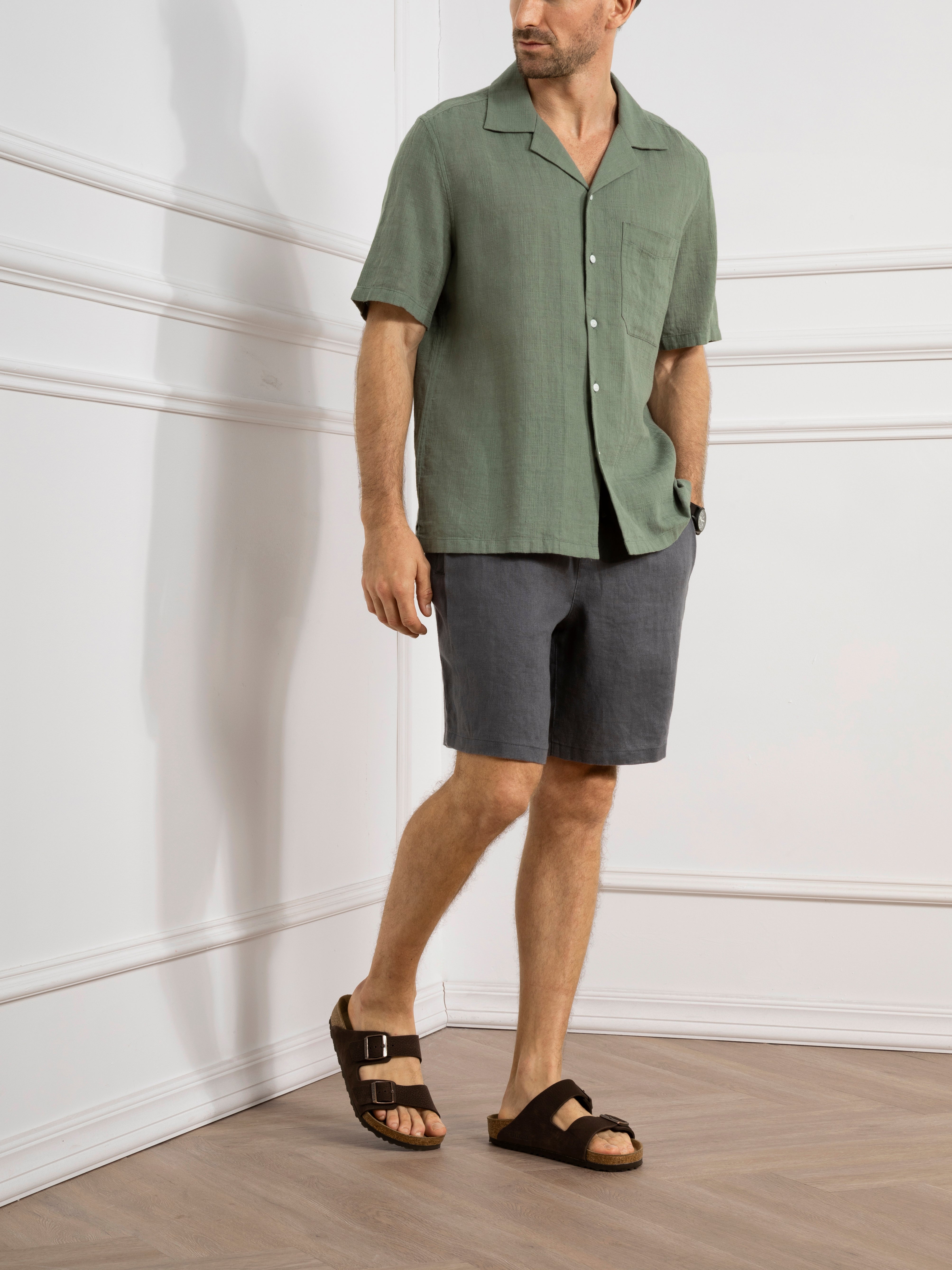 Tea Rockaway Linen Cotton Shirt Mens Camp Collar Linen Shirt Chest Pocket Short Sleeve Tee