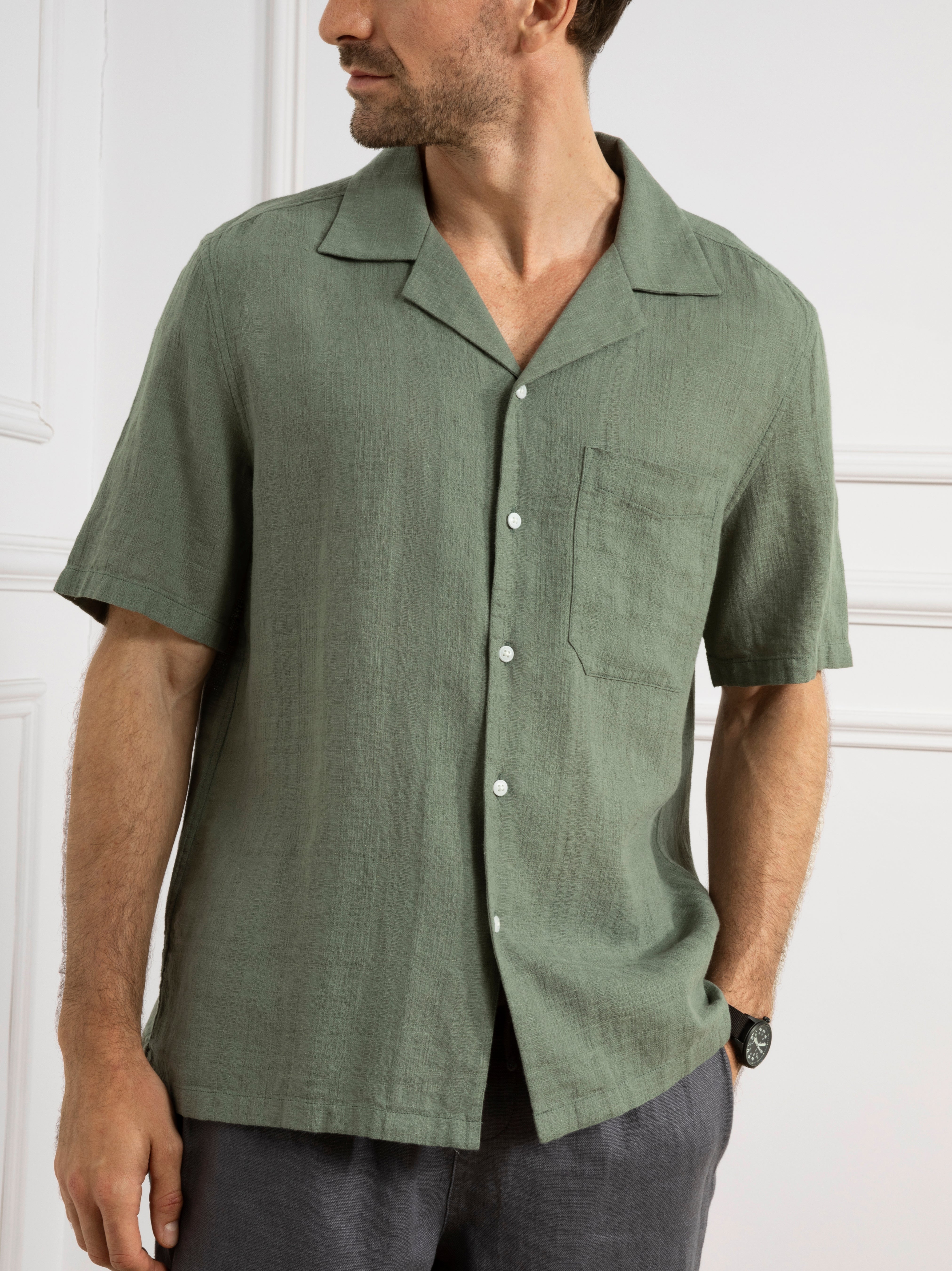 Tea Rockaway Linen Cotton Shirt Mens Camp Collar Linen Shirt Chest Pocket Short Sleeve Tee