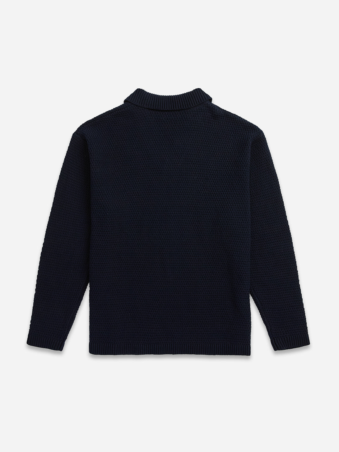 Dark Navy Broken Rib Long Sleeve Polo Mens V Neck Wool Polo Long Sleeve Shirt 