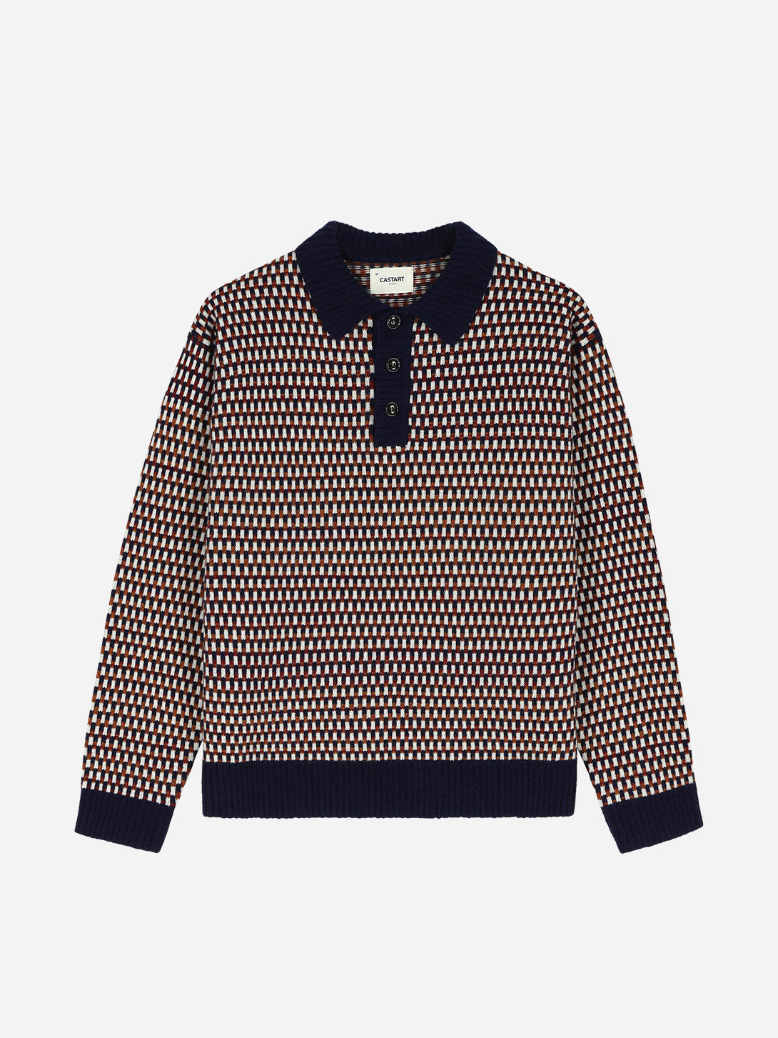 Red Meryon Knitwear Knitted Polo Shirt Collared Lightweight Wool Long Sleeve Rugby Polo 