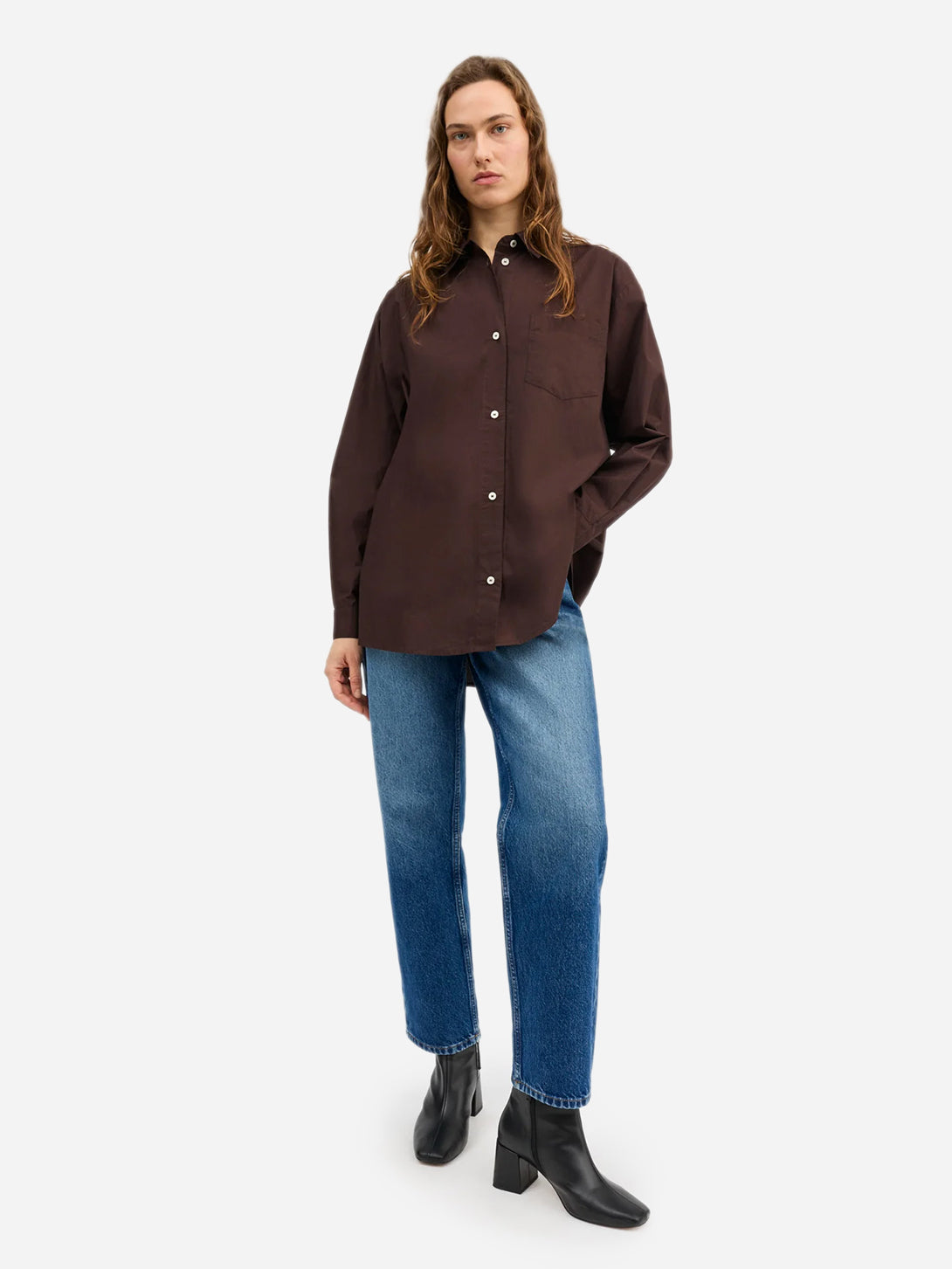 Dark Brown Edgar Shirt Womens Lightweight Relaxed Fit Overshirt Button Up Collared Skall Studio