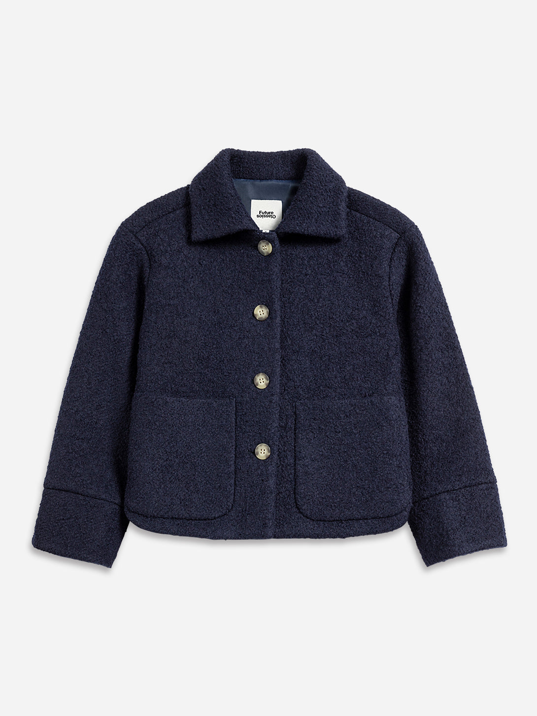 Navy Button-up Boucle Jacket Womens Fleece Jacket Womens Button Up Jacket Collared Coat Cropped Jacket 