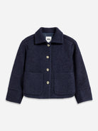 Navy Button-up Boucle Jacket Womens Fleece Jacket Womens Button Up Jacket Collared Coat Cropped Jacket 