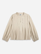 Oatmeal Pleated Balloon Sleeve Blouse Womens Pleated Shirt Wovens V-Neck Woven Shirt Womens Long Sleeve 