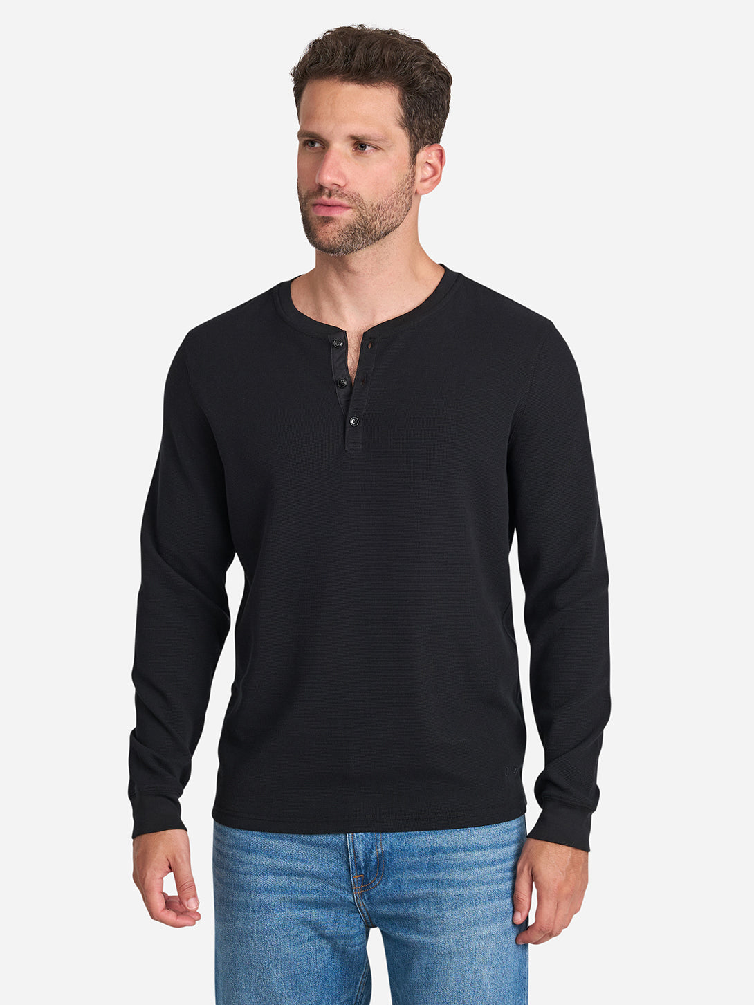 Black Court Henley L/S Tee Mens Henley Long Sleeve Mens Waffle Knit Shirt 