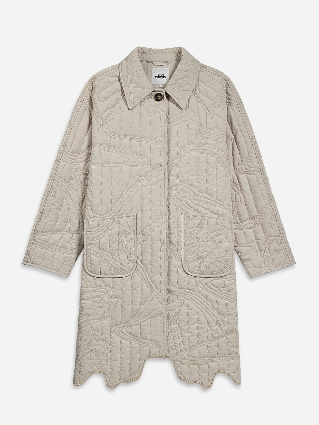 Oatmeal Marble Quilted Coat Womens Long Coat Collared Button Up Outerwear Jacket Womens Patterned Quilted Coat 