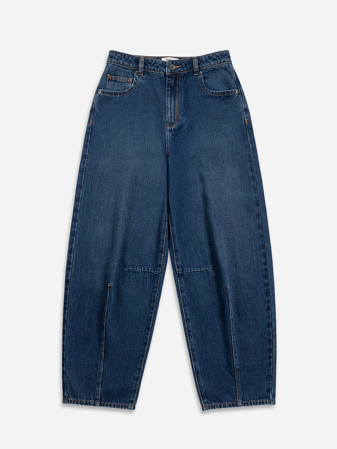 Mid Indigo Structured Barrel Jeans Womens Tapered Fit Jeans Dark Denim Wash Mid Indigo Denim Pants 