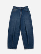 Mid Indigo Structured Barrel Jeans Womens Tapered Fit Jeans Dark Denim Wash Mid Indigo Denim Pants 