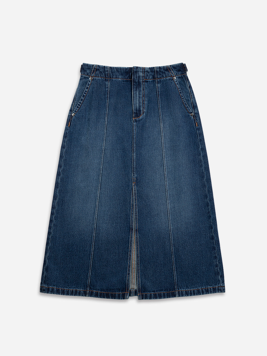 Mid Indigo Panel Denim Skirt Womens Long Skirt Denim Skirt Zip Closure Washed Denim Skirt 