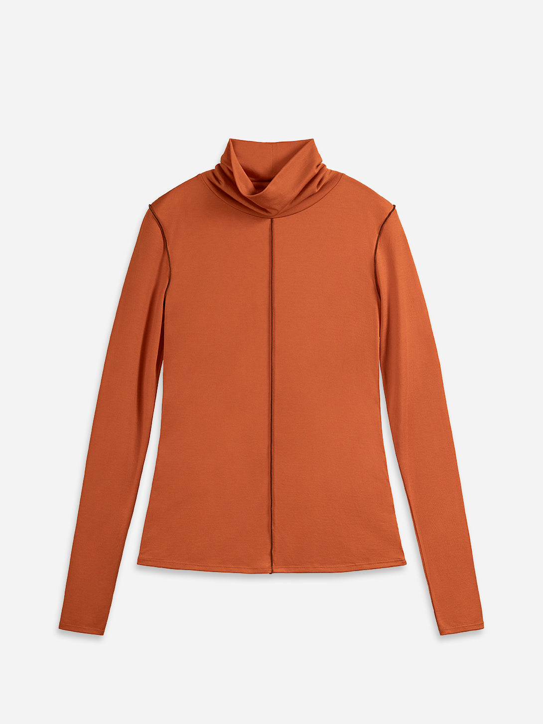 Rust Orange Exposed Seam Turtleneck Top Womens Light Weight Stretch Pullover Turtleneck Long Sleeve Top 