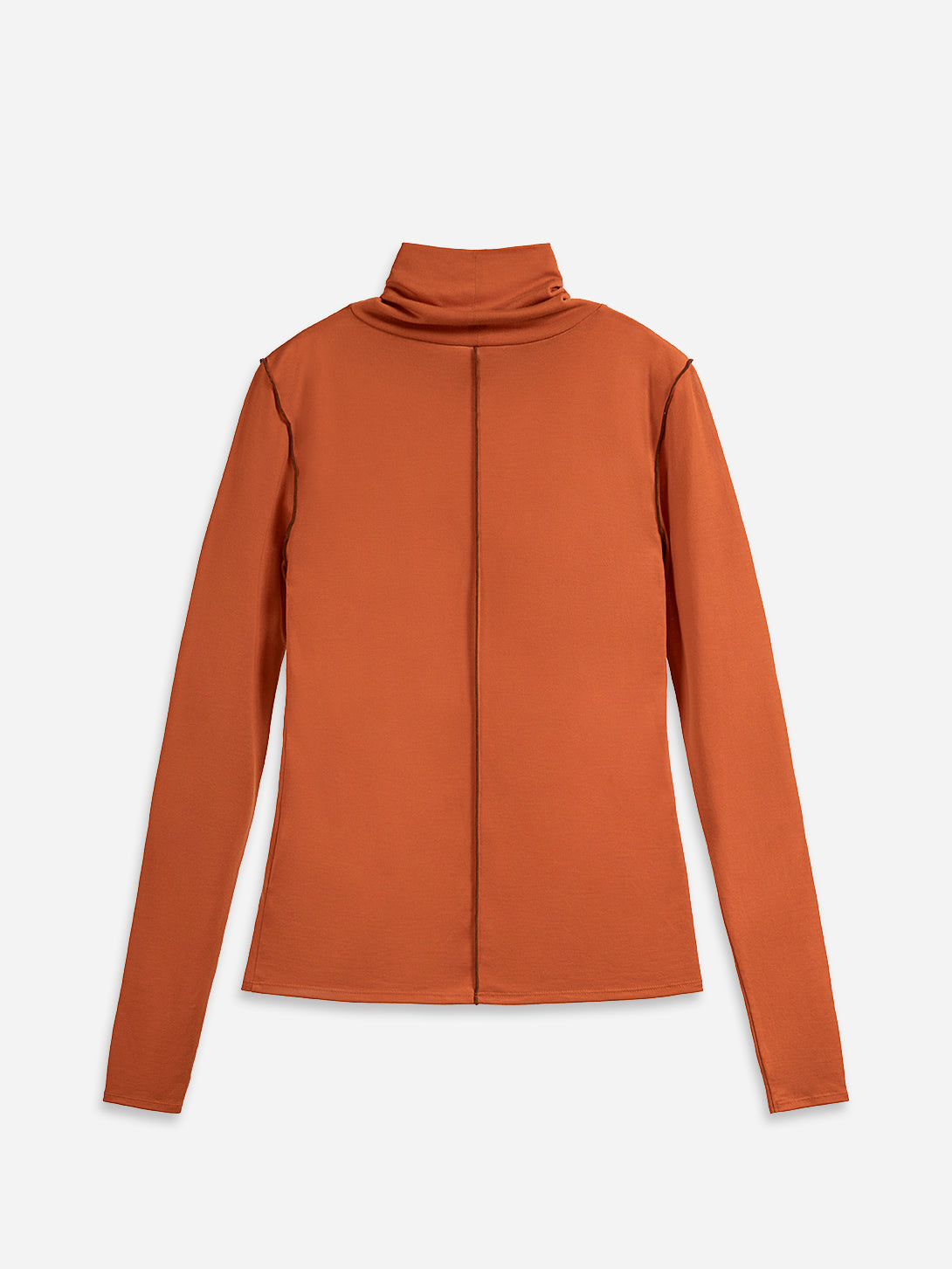 Rust Orange Exposed Seam Turtleneck Top Womens Light Weight Stretch Pullover Turtleneck Long Sleeve Top 