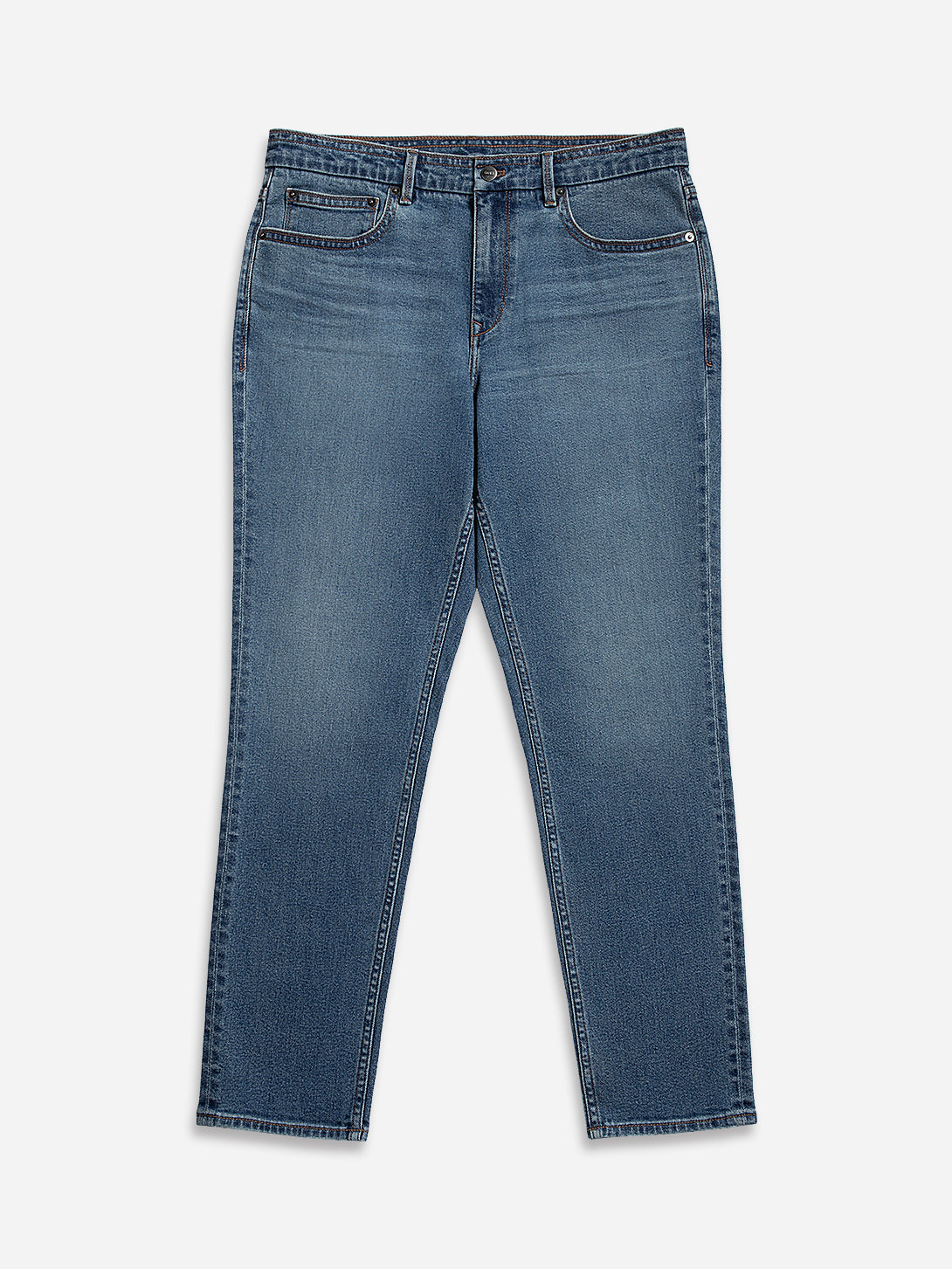 Mid Indigo Houstons Denim Jeans Mens Tapered Denim Jeans Worn Vintage Denim Wash Straight Fit Jeans