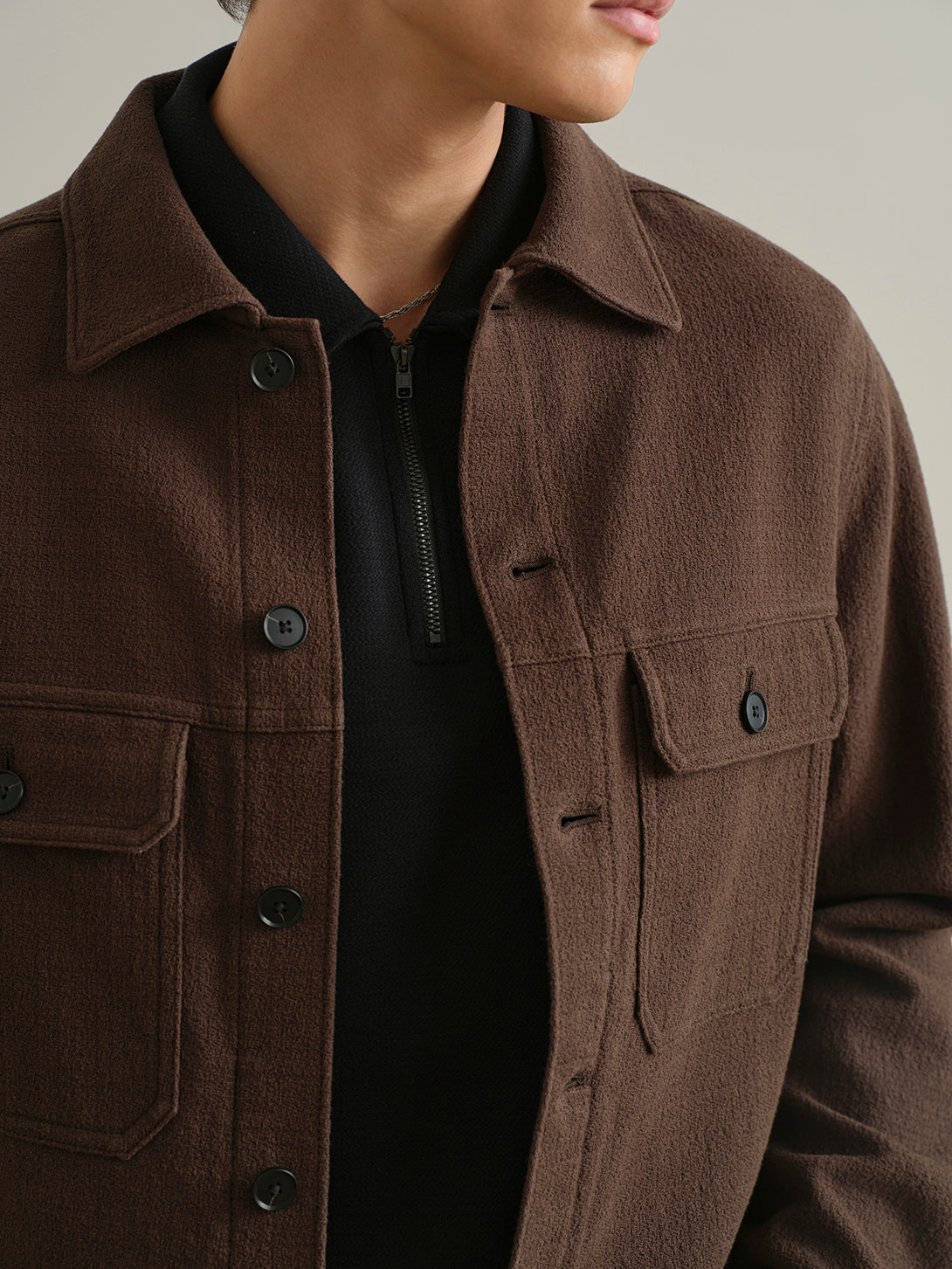 Dk Brown Elliot Textured Trucker Jacket Mens Layering Trucker Jacket Brown ONS Clothing