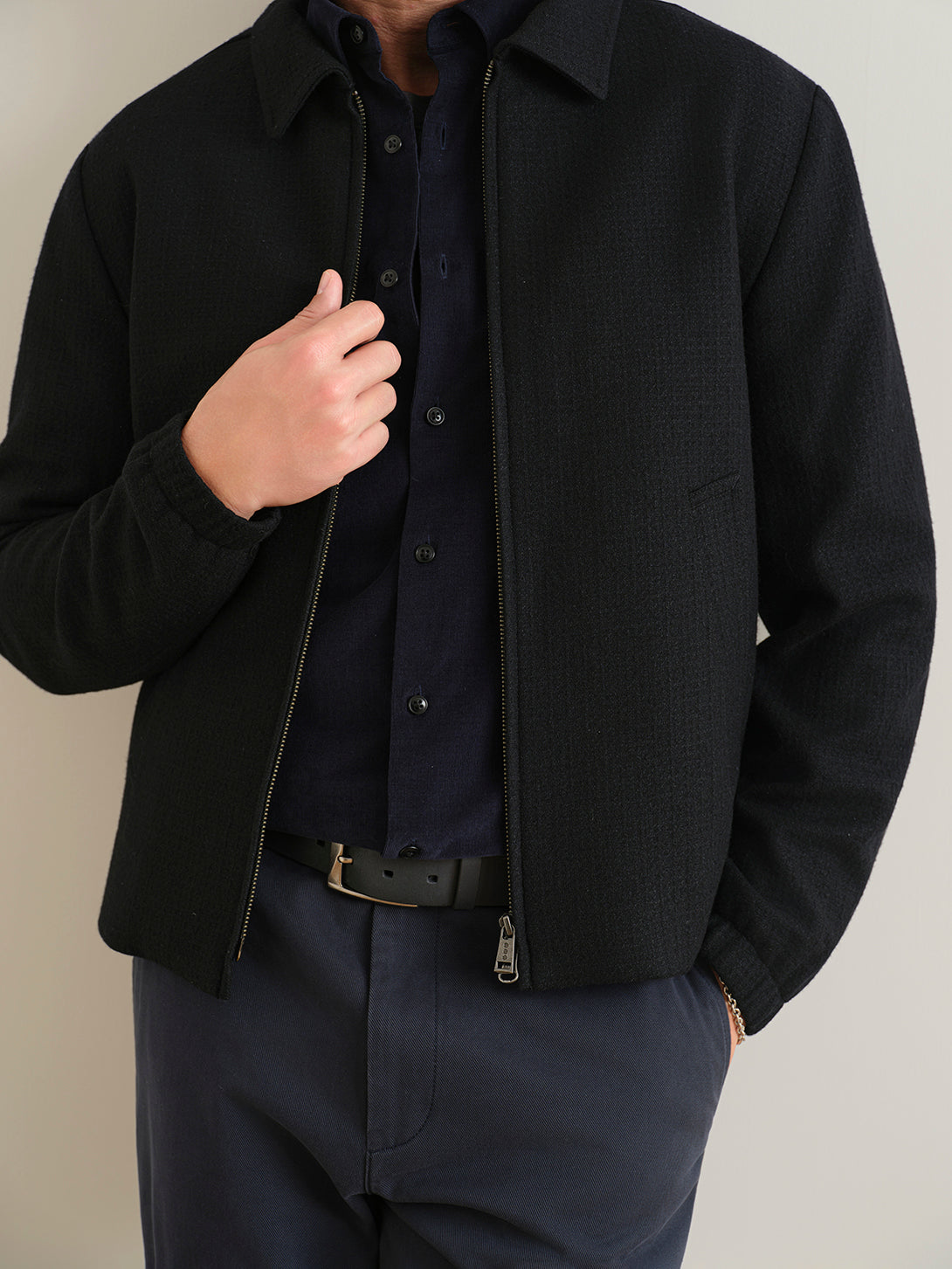 Black Connor Wool Jacket Mens Zip Up Light Layering Jacket ONS Clothing