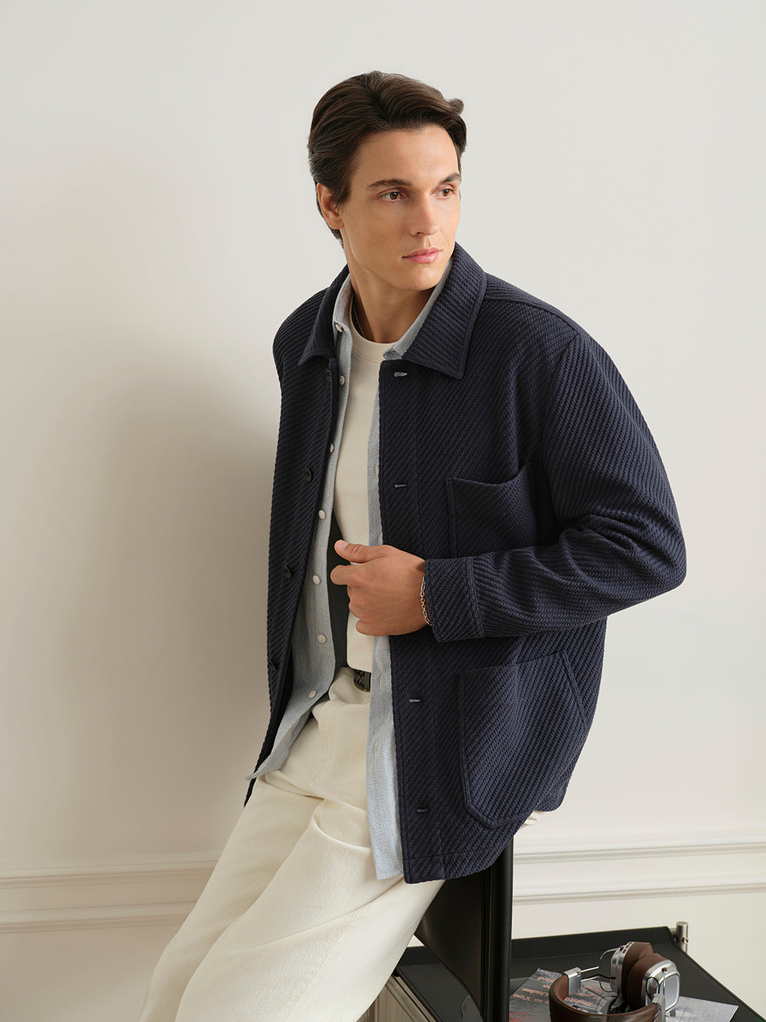 Navy Remi Rattan Texture Jacket Mens Layering Light Jacket Collared Button Up ONS Clothing