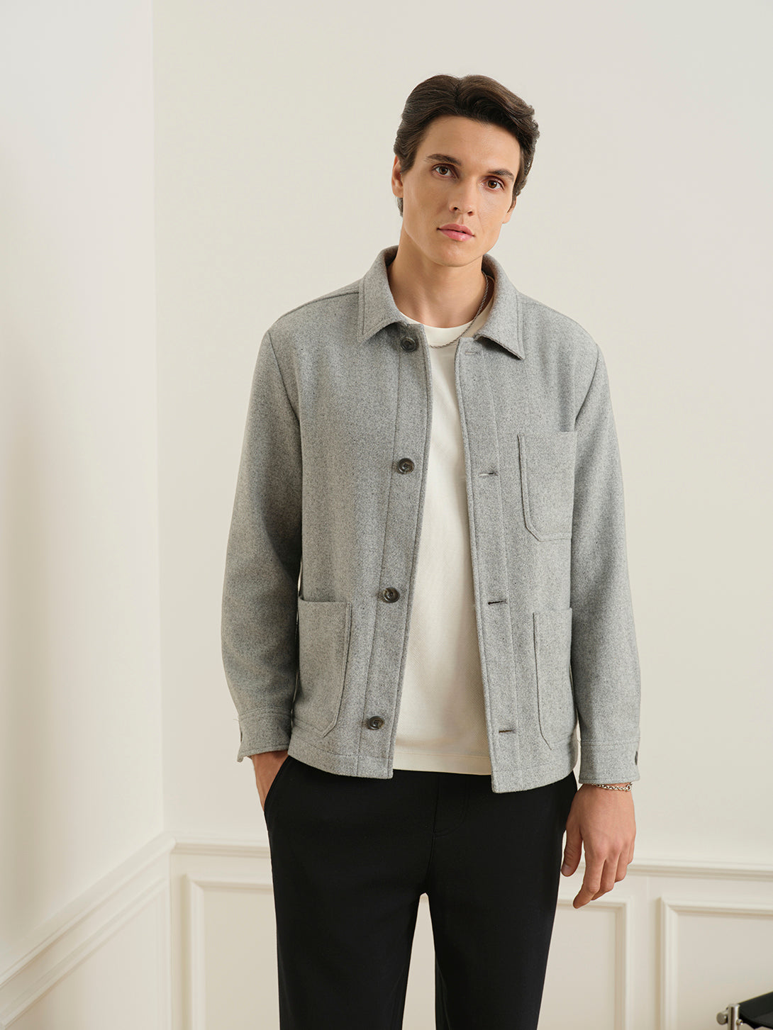 Lt Grey Heather Remi Tweedy Jacket Mens Button Up Light Jacket Mens Outerwear Pocketed Chore Jacket ONS Clothing