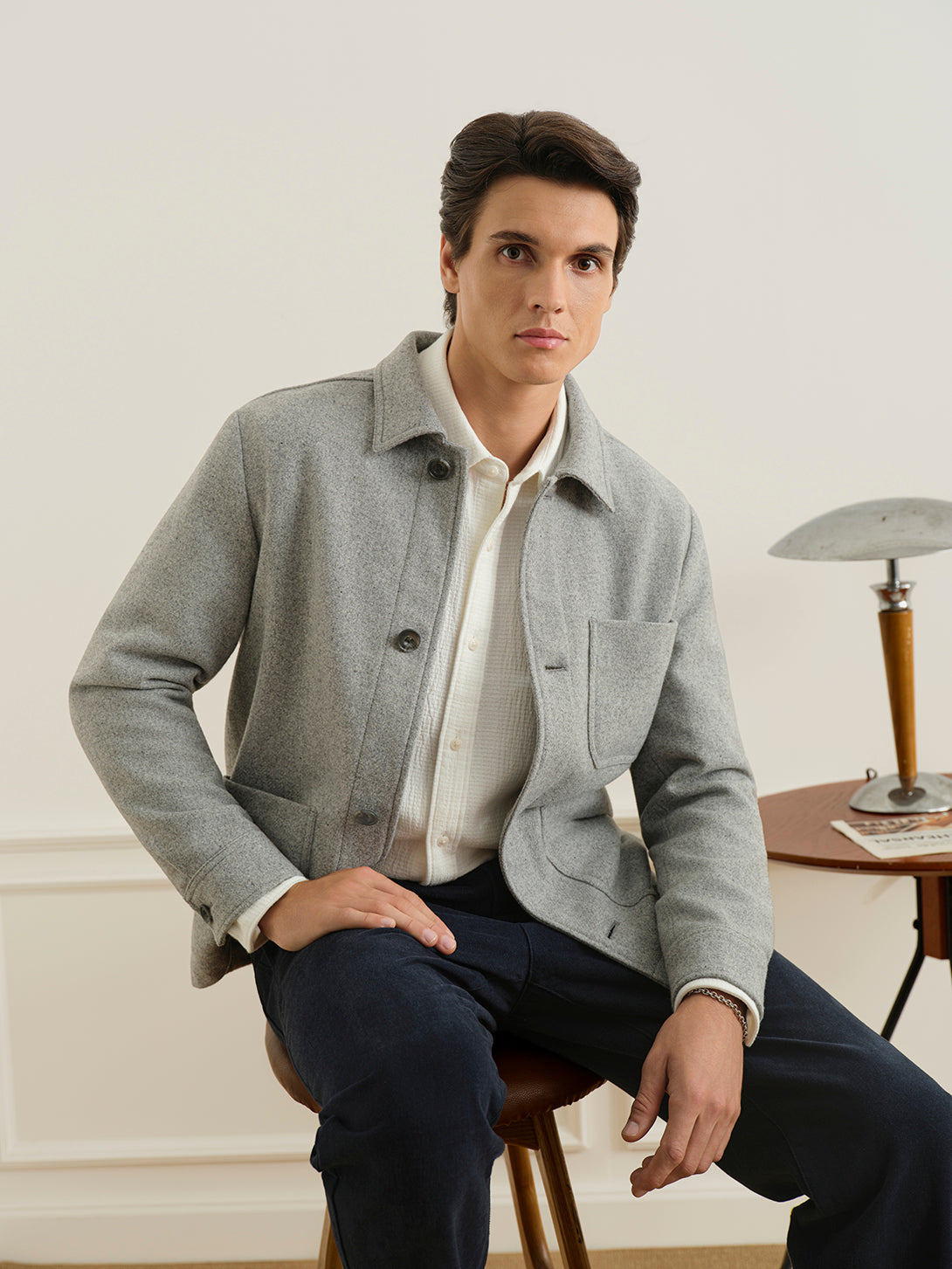 Lt Grey Heather Remi Tweedy Jacket Mens Button Up Light Jacket Mens Outerwear Pocketed Chore Jacket ONS Clothing