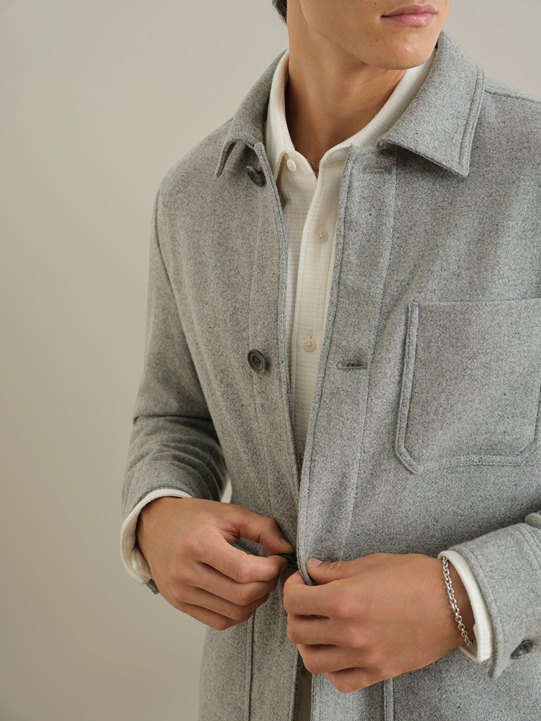 Lt Grey Heather Remi Tweedy Jacket Mens Button Up Light Jacket Mens Outerwear Pocketed Chore Jacket ONS Clothing
