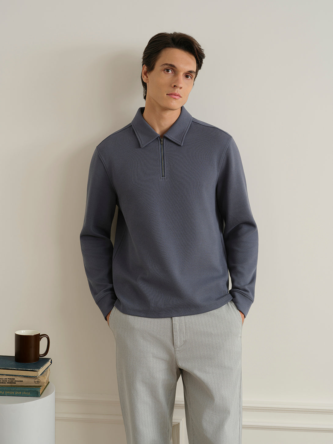 Iron Blue Lind Zip-up Polo Mens Quarter Zip Polo Long Sleeve ONS Clothing 